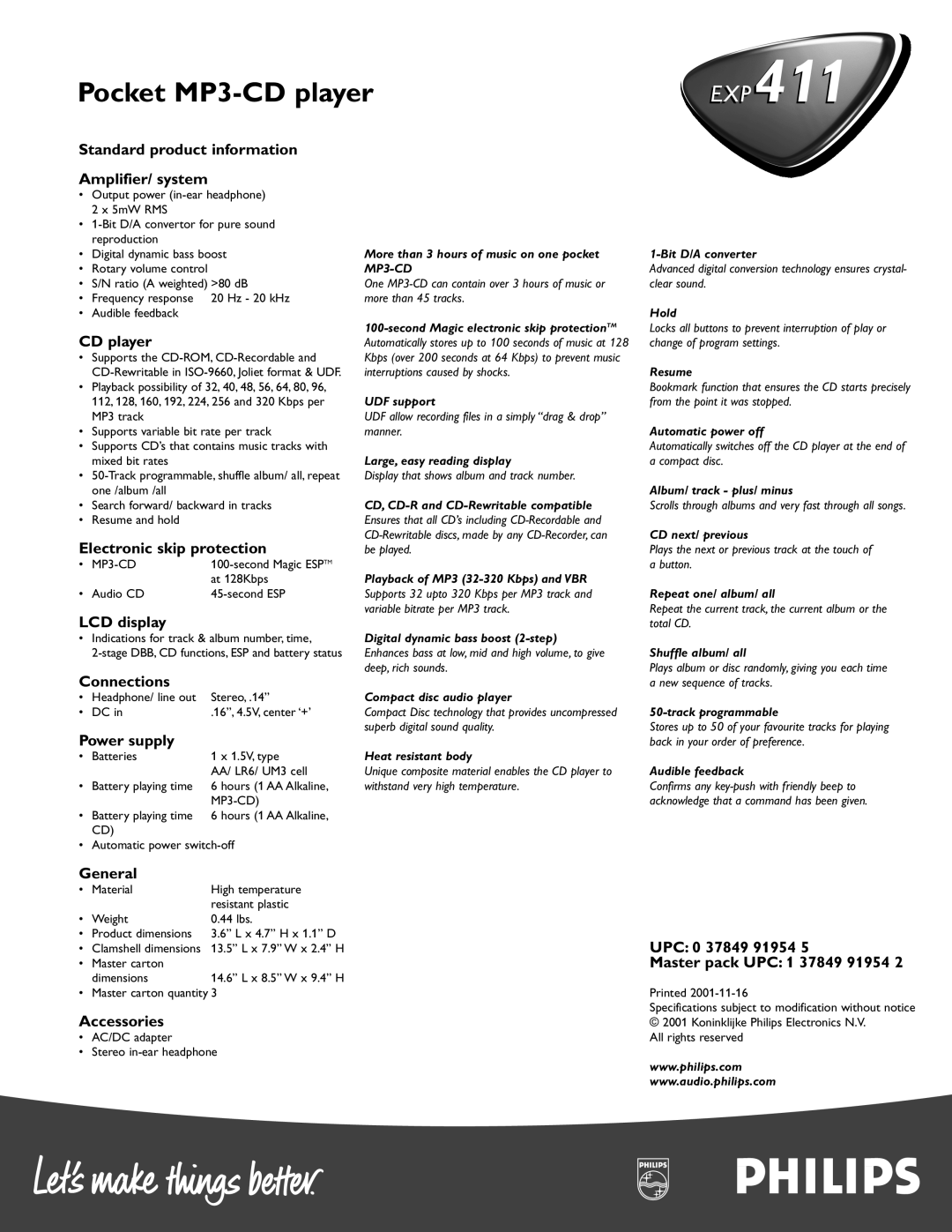 Philips 411EXP Standard product information Amplifier/ system, CD player, Electronic skip protection, LCD display, General 