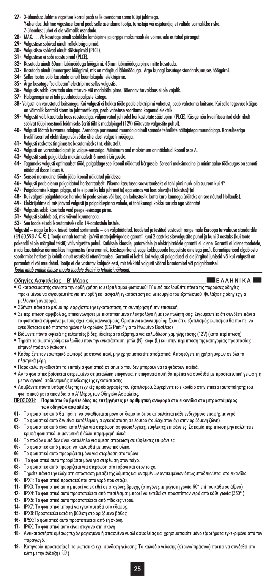 Philips 41621/48/16 user manual Οδηγίες Ασφαλείας Β’ Μέρος, 10- ΙΡΧ1 Το φωτιστικό προστατεύεται από νερό που στάζει 