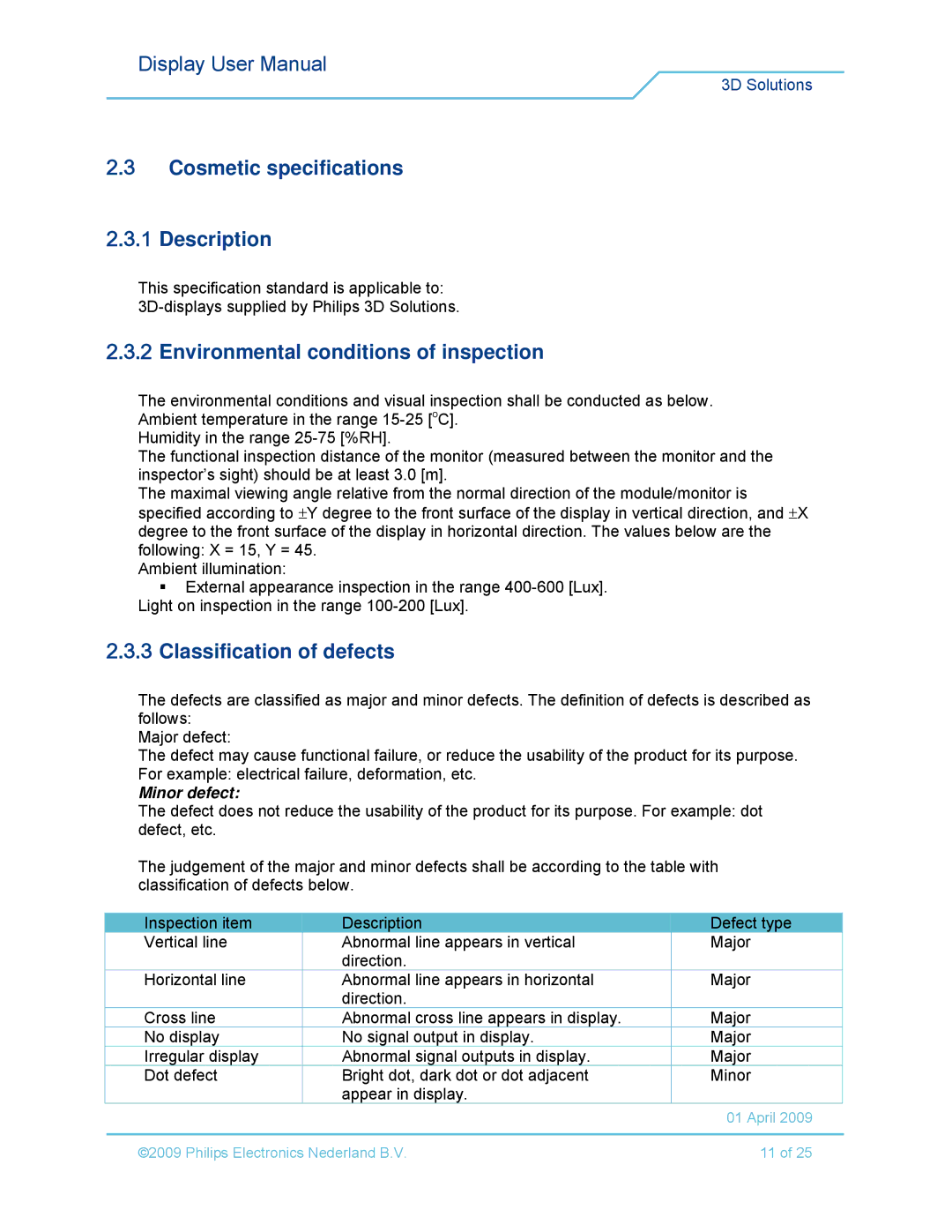 Philips 42-3D6C01/00, 42-3D6W02/00 user manual Cosmetic specifications Description, Environmental conditions of inspection 