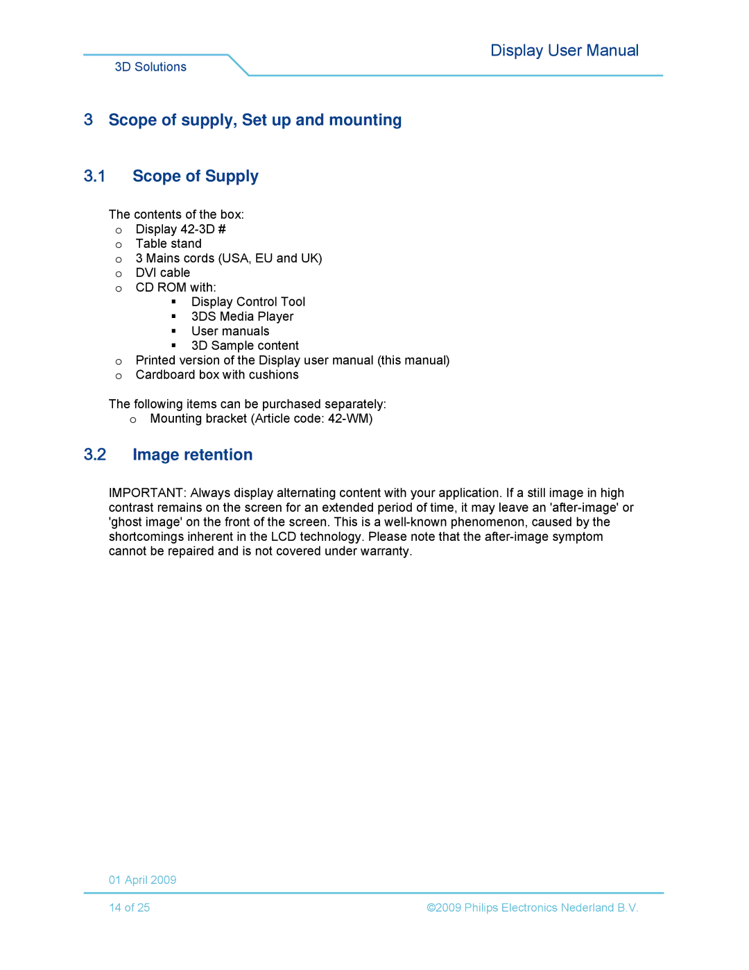 Philips 42-3D6W01/00, 42-3D6W02/00, 42-3D6C02/00 Scope of supply, Set up and mounting Scope of Supply, Image retention 