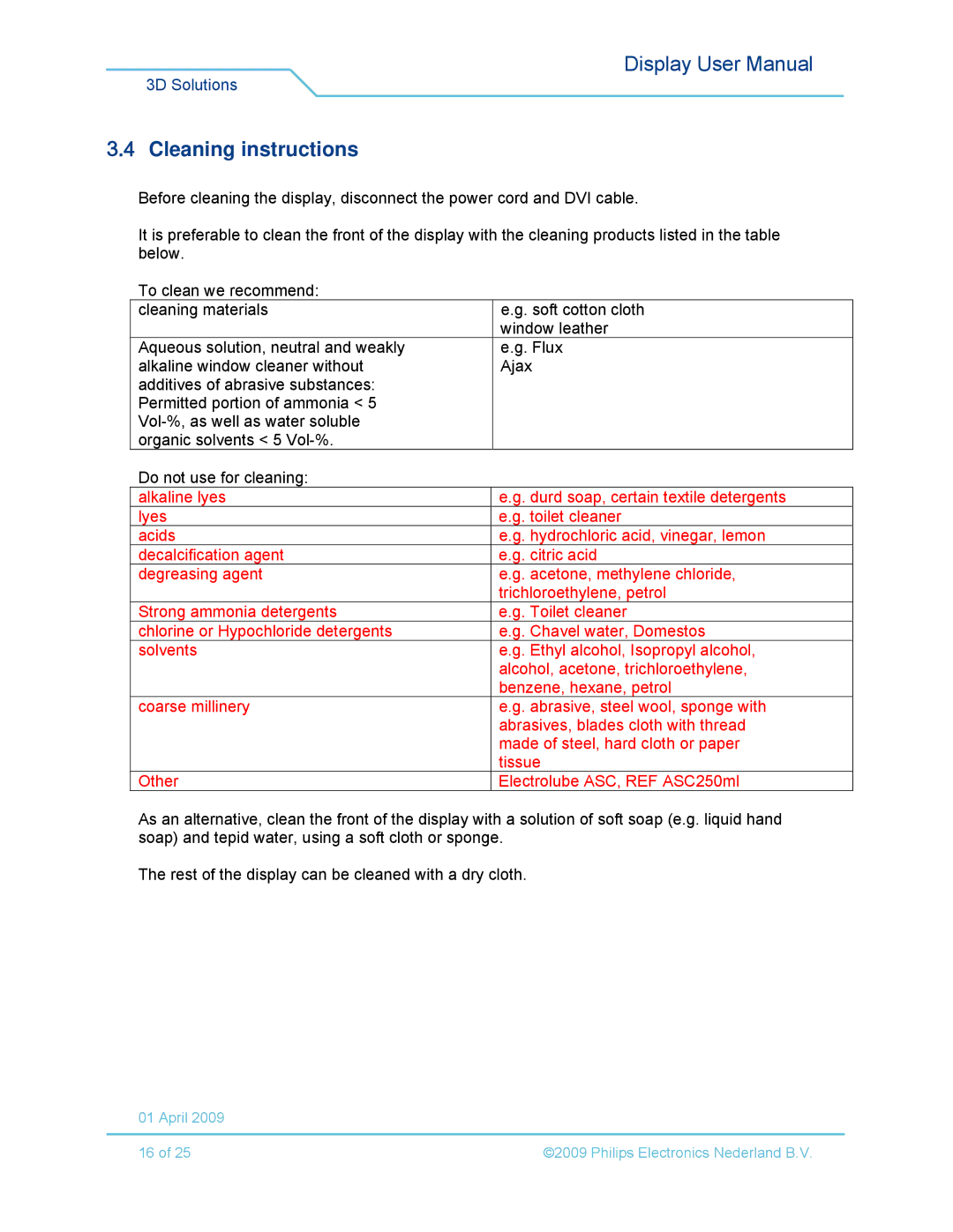 Philips 42-3D6W02/00, 42-3D6C02/00, 42-3D6W01/00, 42-3D6C01/00 user manual Cleaning instructions 