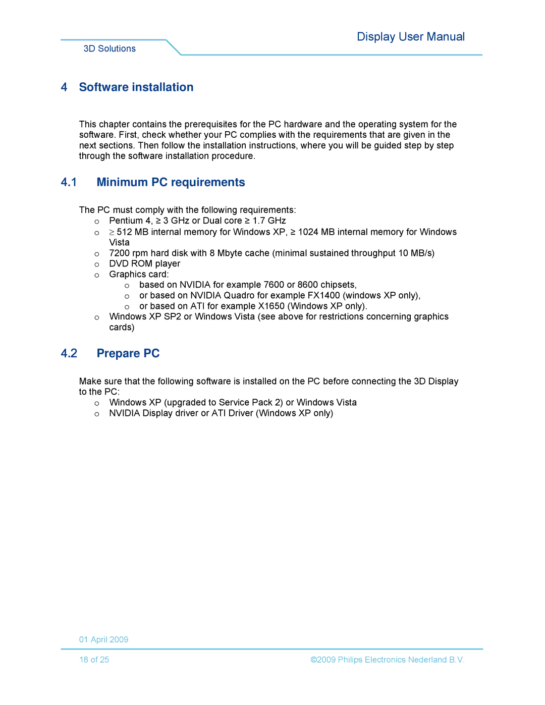 Philips 42-3D6W01/00, 42-3D6W02/00, 42-3D6C02/00, 42-3D6C01/00 Software installation, Minimum PC requirements, Prepare PC 