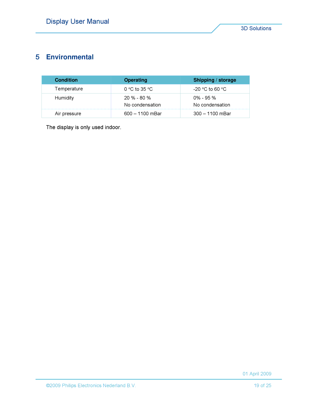 Philips 42-3D6C01/00, 42-3D6W02/00, 42-3D6C02/00, 42-3D6W01/00 Environmental, Condition Operating Shipping / storage 