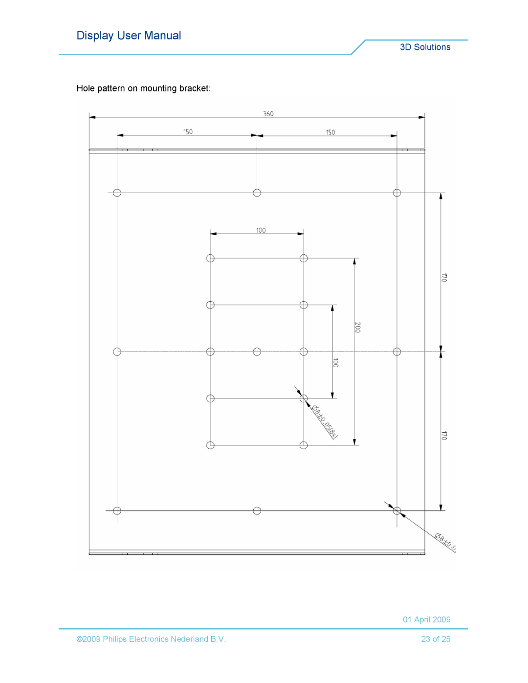 Philips 42-3D6C01/00, 42-3D6W02/00, 42-3D6C02/00, 42-3D6W01/00 user manual Hole pattern on mounting bracket 