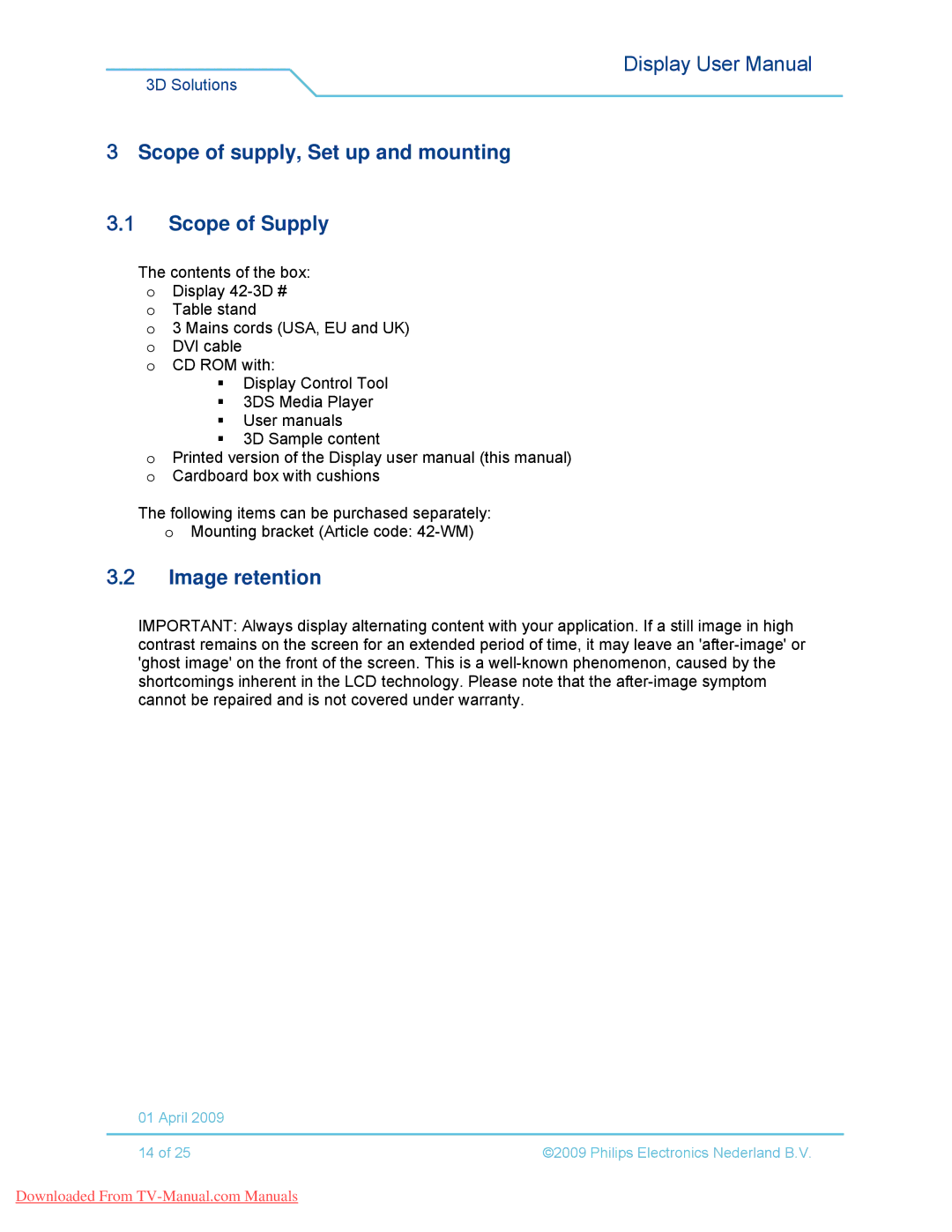 Philips 42-3D6W01/00, 42-3D6W02/00, 42-3D6C02/00 Scope of supply, Set up and mounting Scope of Supply, Image retention 