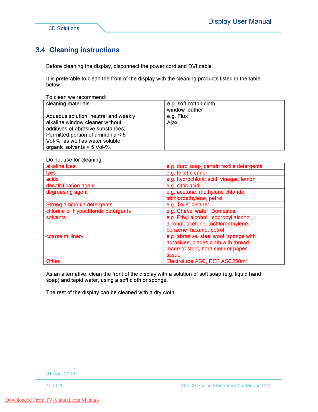 Philips 42-3D6W02/00, 42-3D6C02/00, 42-3D6W01/00, 42-3D6C01/00 user manual Cleaning instructions 