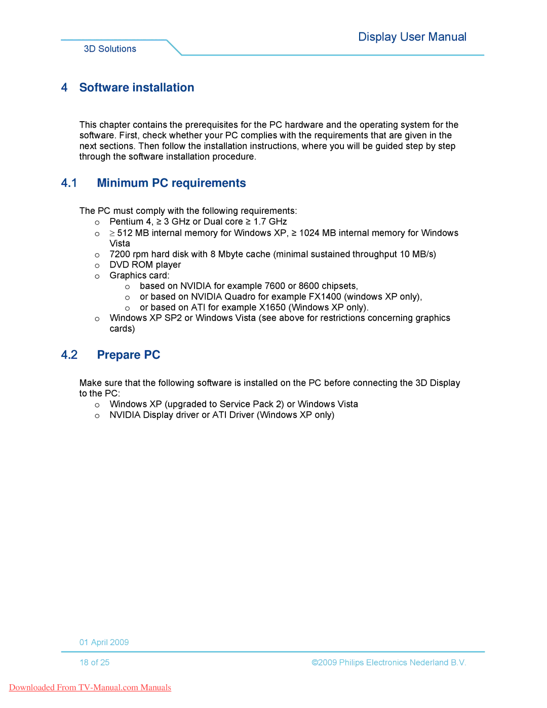 Philips 42-3D6W01/00, 42-3D6W02/00, 42-3D6C02/00, 42-3D6C01/00 Software installation, Minimum PC requirements, Prepare PC 