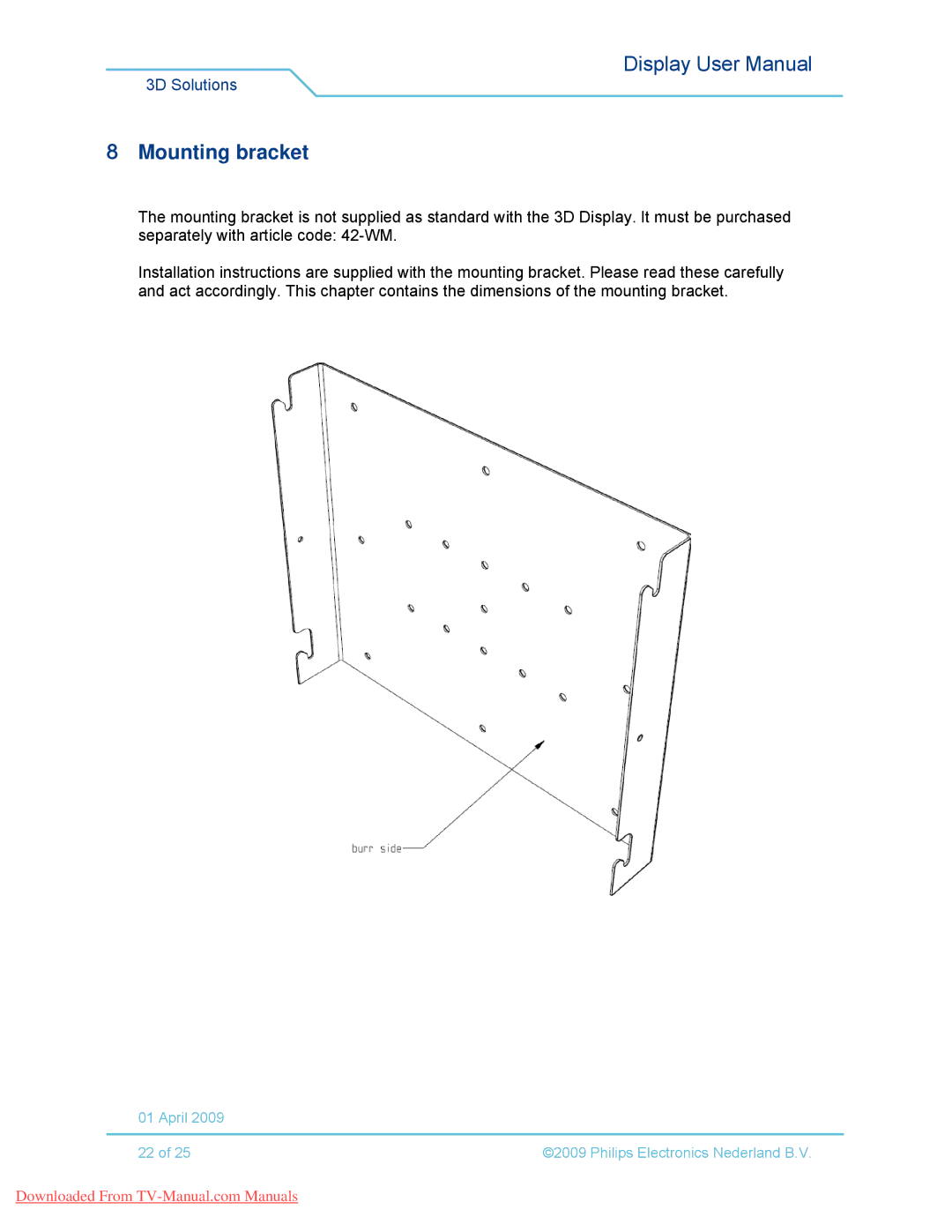 Philips 42-3D6W01/00, 42-3D6W02/00, 42-3D6C02/00, 42-3D6C01/00 user manual Mounting bracket 