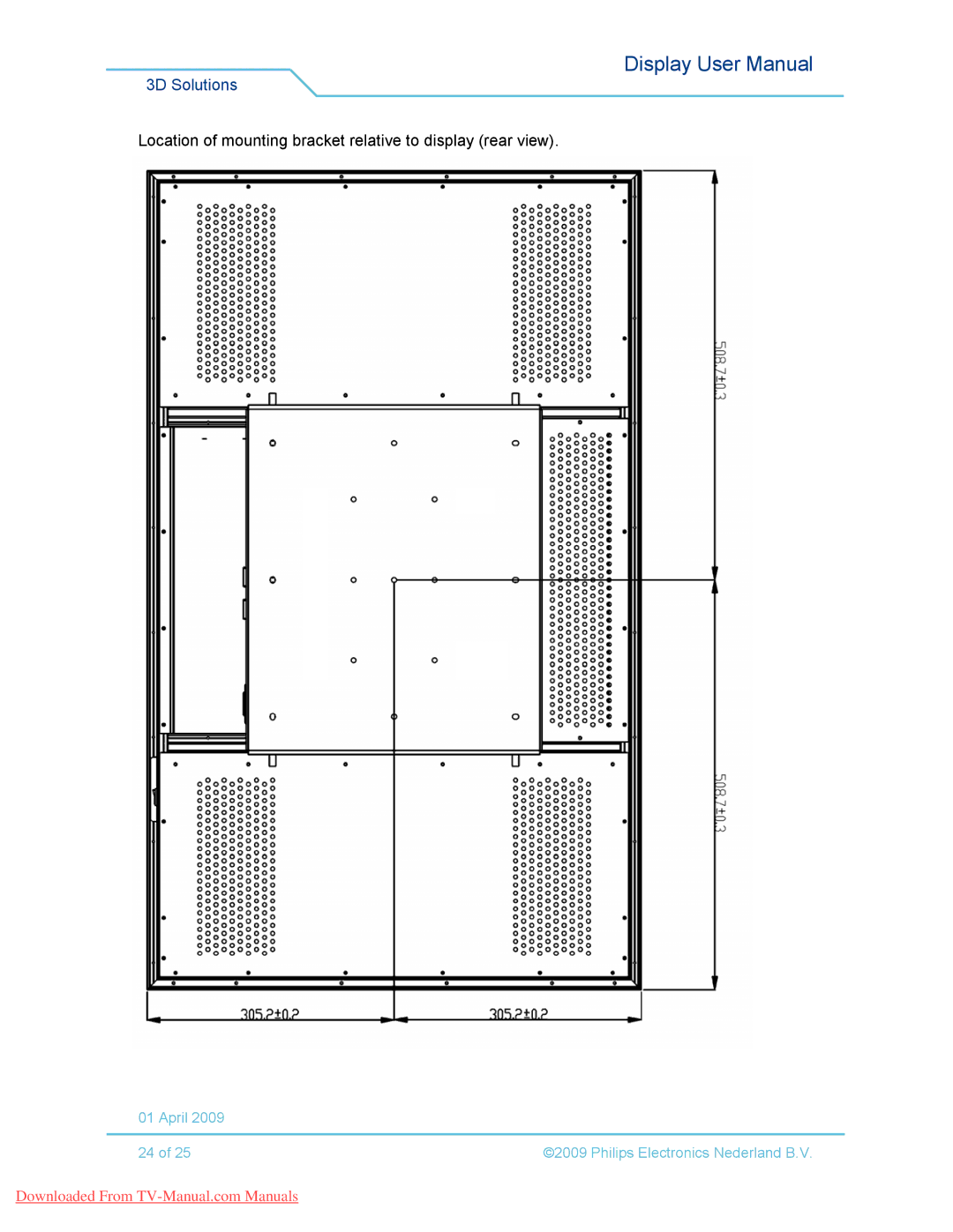 Philips 42-3D6W02/00, 42-3D6C02/00, 42-3D6W01/00, 42-3D6C01/00 Location of mounting bracket relative to display rear view 