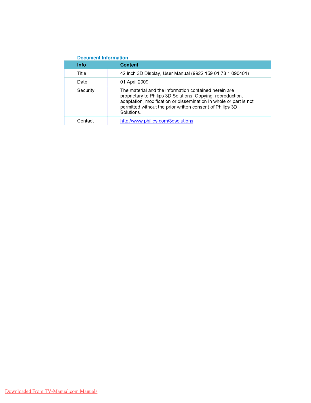 Philips 42-3D6W01/00, 42-3D6W02/00, 42-3D6C02/00, 42-3D6C01/00 user manual Document Information, Info Content 