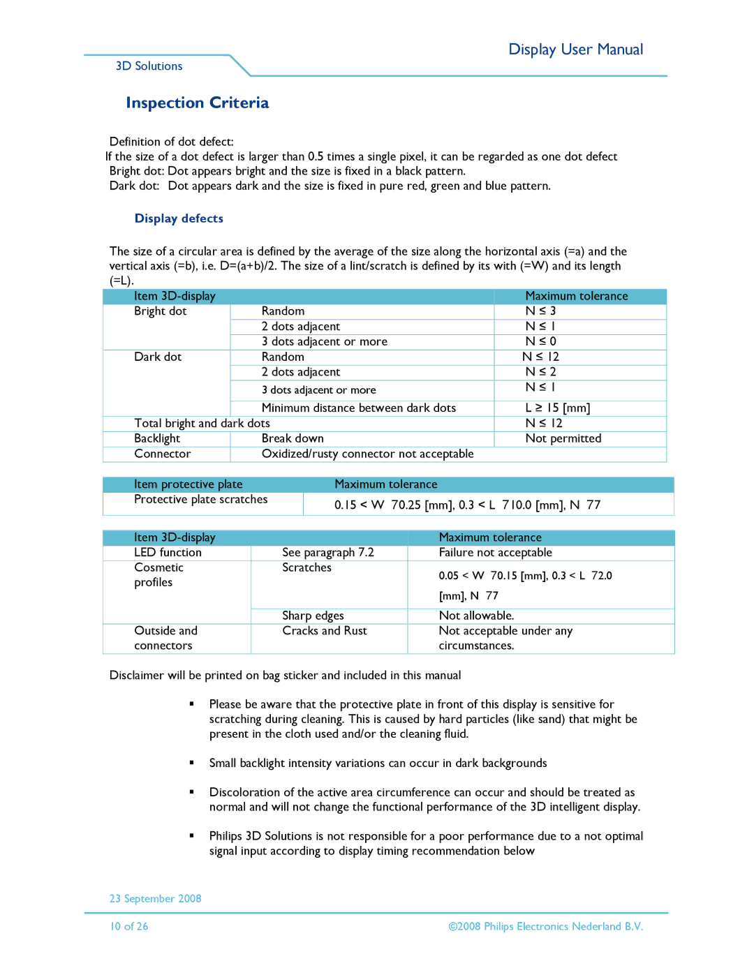 Philips 42-3D6W01/00, 42-3D6W02/00, 42-3D6C02/00, 42-3D6C01/00 user manual Inspection Criteria, Display defects 