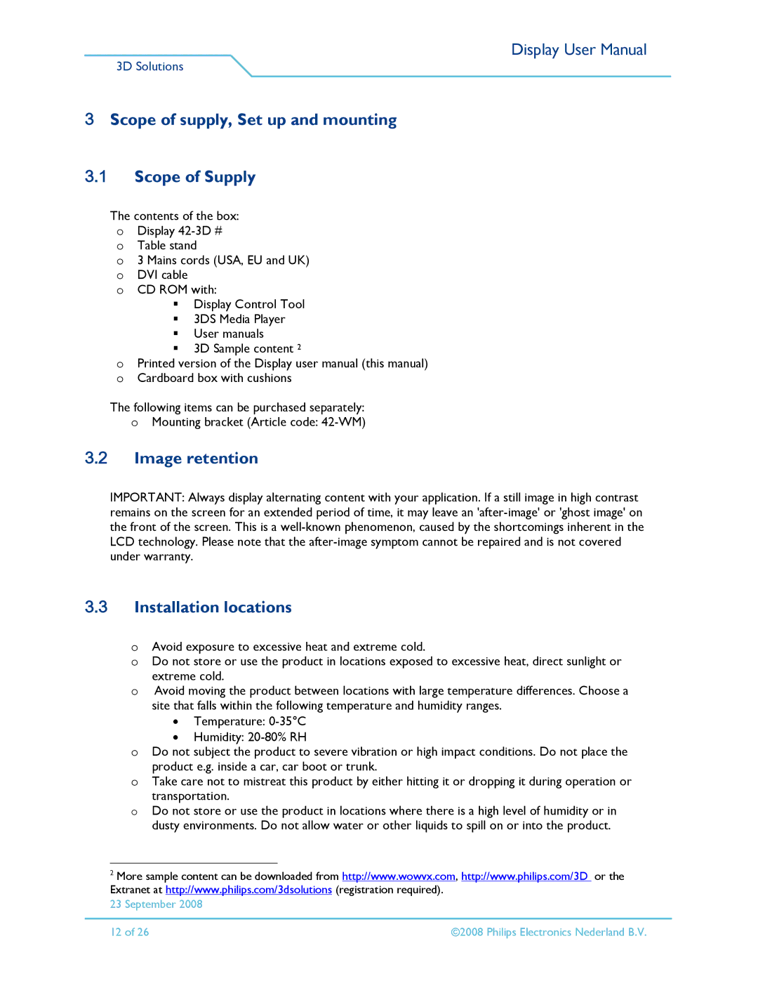 Philips 42-3D6W02/00 Scope of supply, Set up and mounting Scope of Supply, Image retention, Installation locations 
