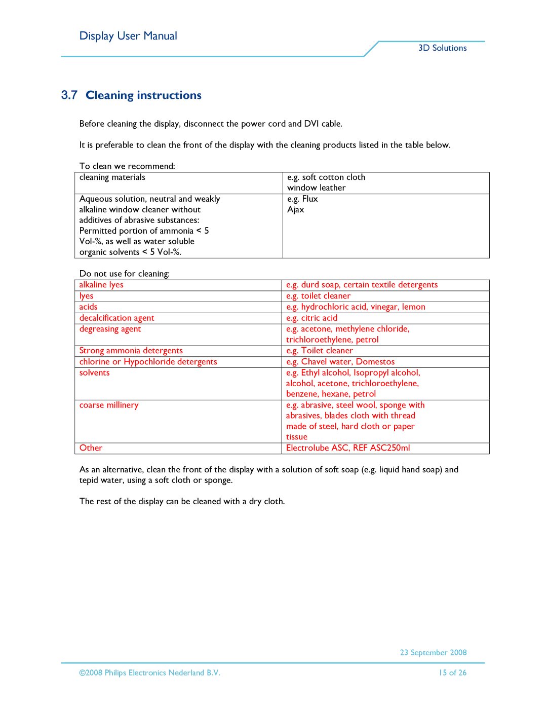 Philips 42-3D6C01/00, 42-3D6W02/00, 42-3D6C02/00, 42-3D6W01/00 user manual Cleaning instructions 