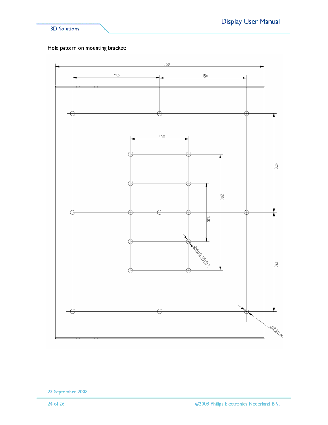 Philips 42-3D6W02/00, 42-3D6C02/00, 42-3D6W01/00, 42-3D6C01/00 user manual Hole pattern on mounting bracket 