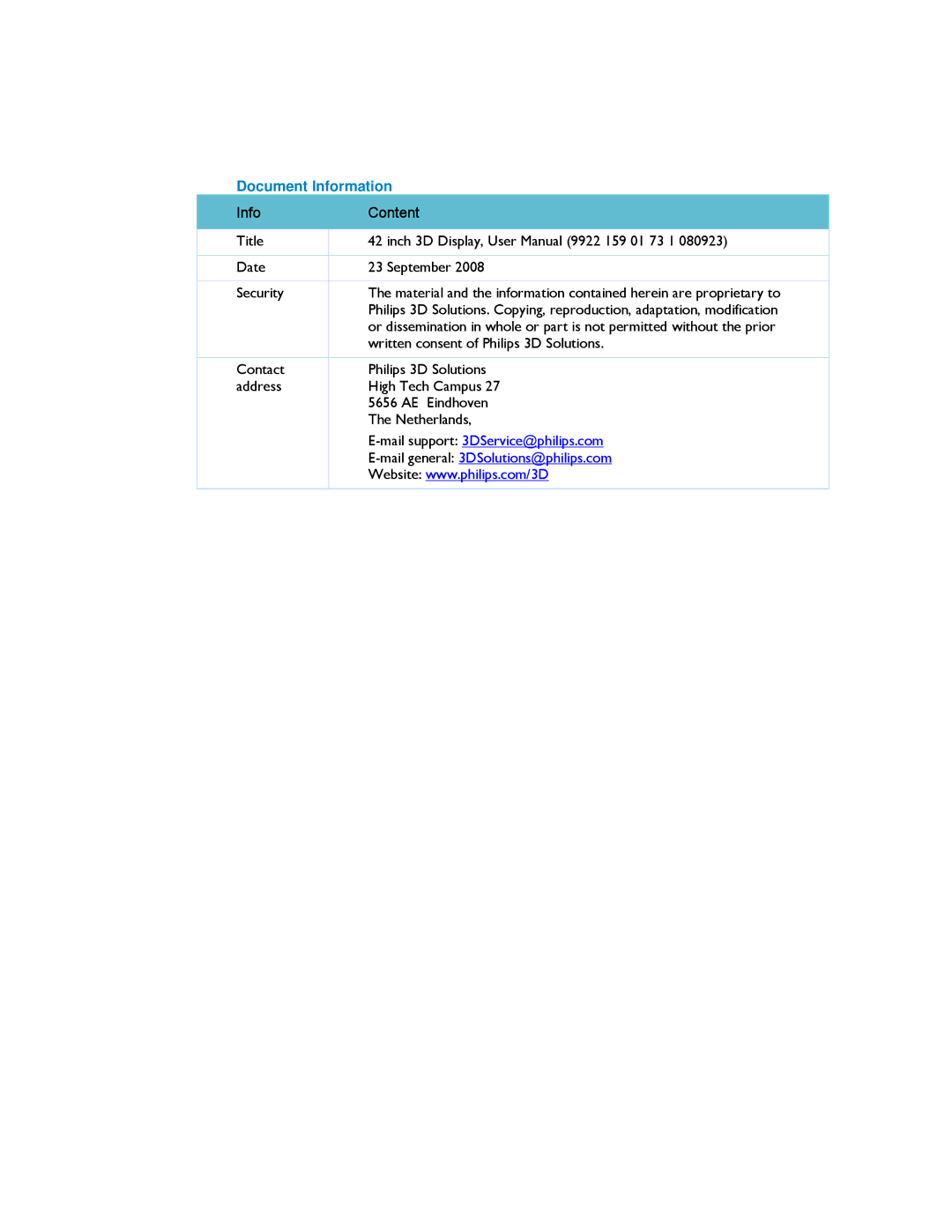 Philips 42-3D6W02/00, 42-3D6C02/00, 42-3D6W01/00, 42-3D6C01/00 user manual Document Information, Info Content 