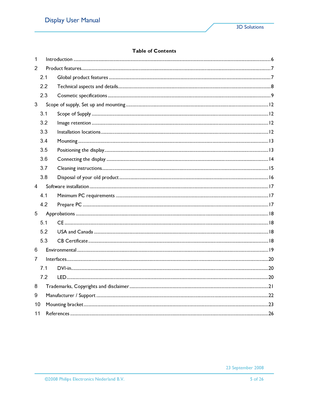 Philips 42-3D6C02/00, 42-3D6W02/00, 42-3D6W01/00, 42-3D6C01/00 user manual 3D Solutions, Table of Contents 