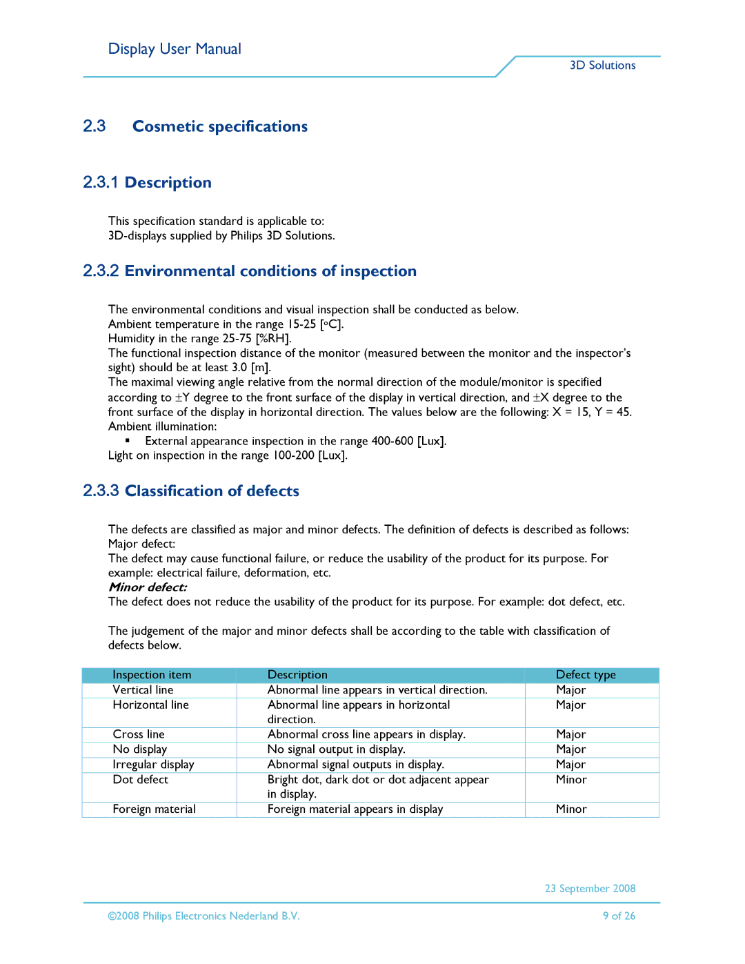 Philips 42-3D6C02/00, 42-3D6W02/00 user manual Cosmetic specifications Description, Environmental conditions of inspection 