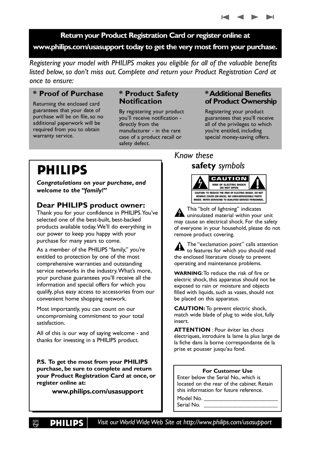 Philips 42-50-63PF9631D/37 warranty Return your Product Registration Card or register online at, For Customer Use 