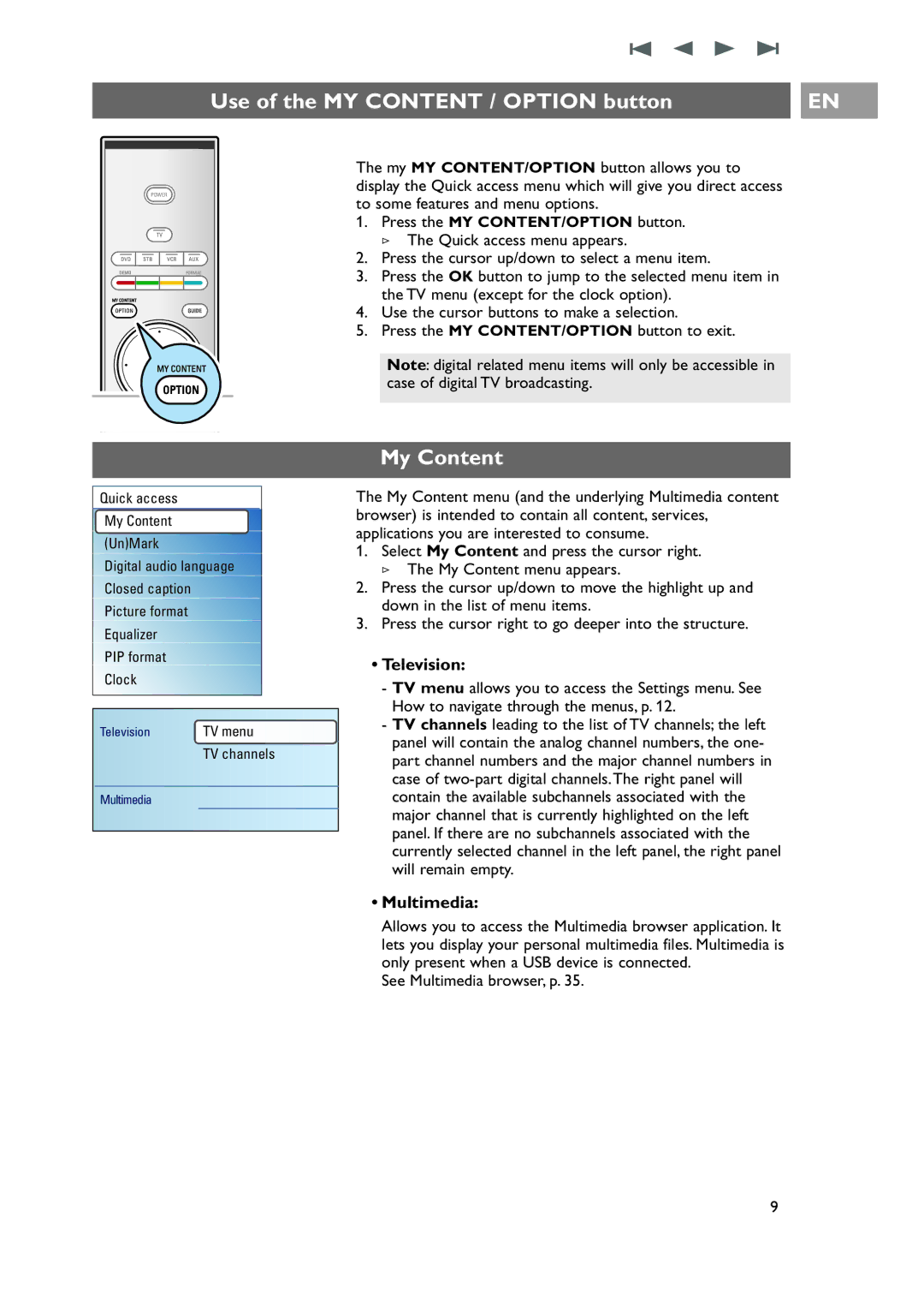 Philips 42-50-63PF9631D/37 warranty Use of the MY Content / Option button, My Content, Television, Multimedia 