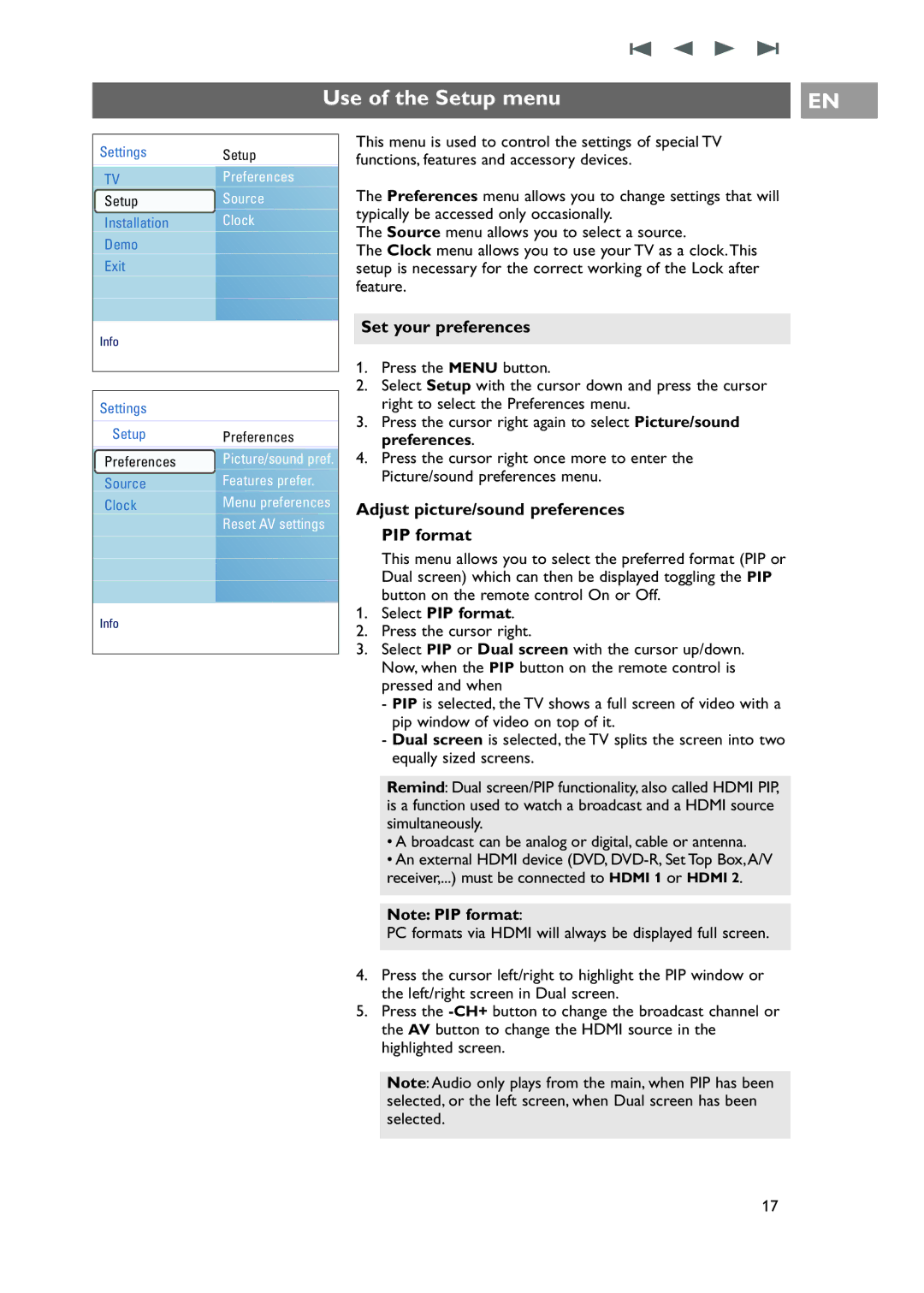 Philips 42-50-63PF9631D/37 warranty Use of the Setup menu, Set your preferences, Preferences, Select PIP format 