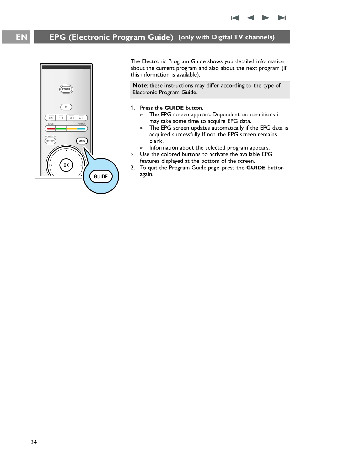 Philips 42-50-63PF9631D/37 warranty EPG Electronic Program Guide only with Digital TV channels 