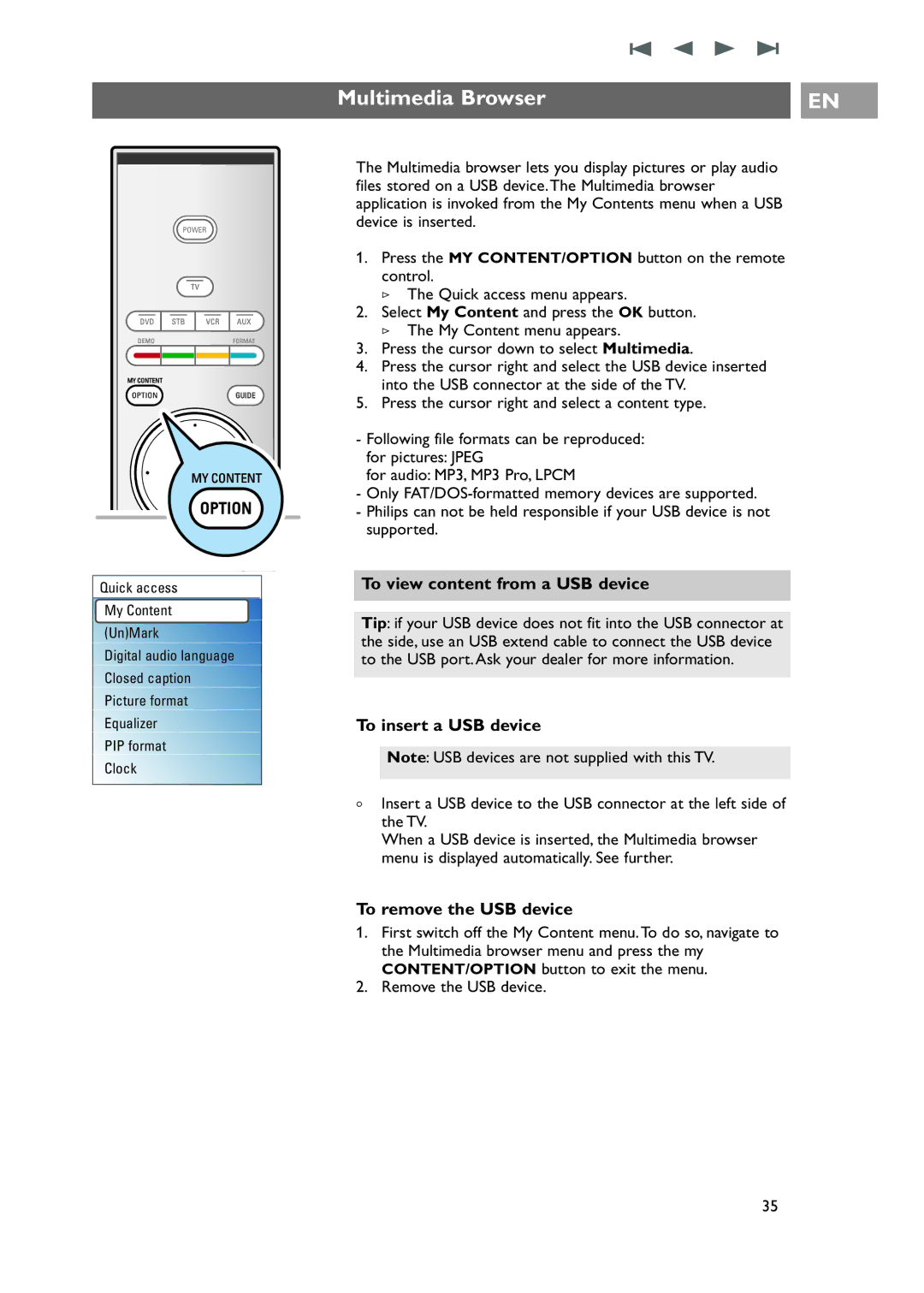 Philips 42-50-63PF9631D/37 warranty Multimedia Browser, To view content from a USB device, To insert a USB device 