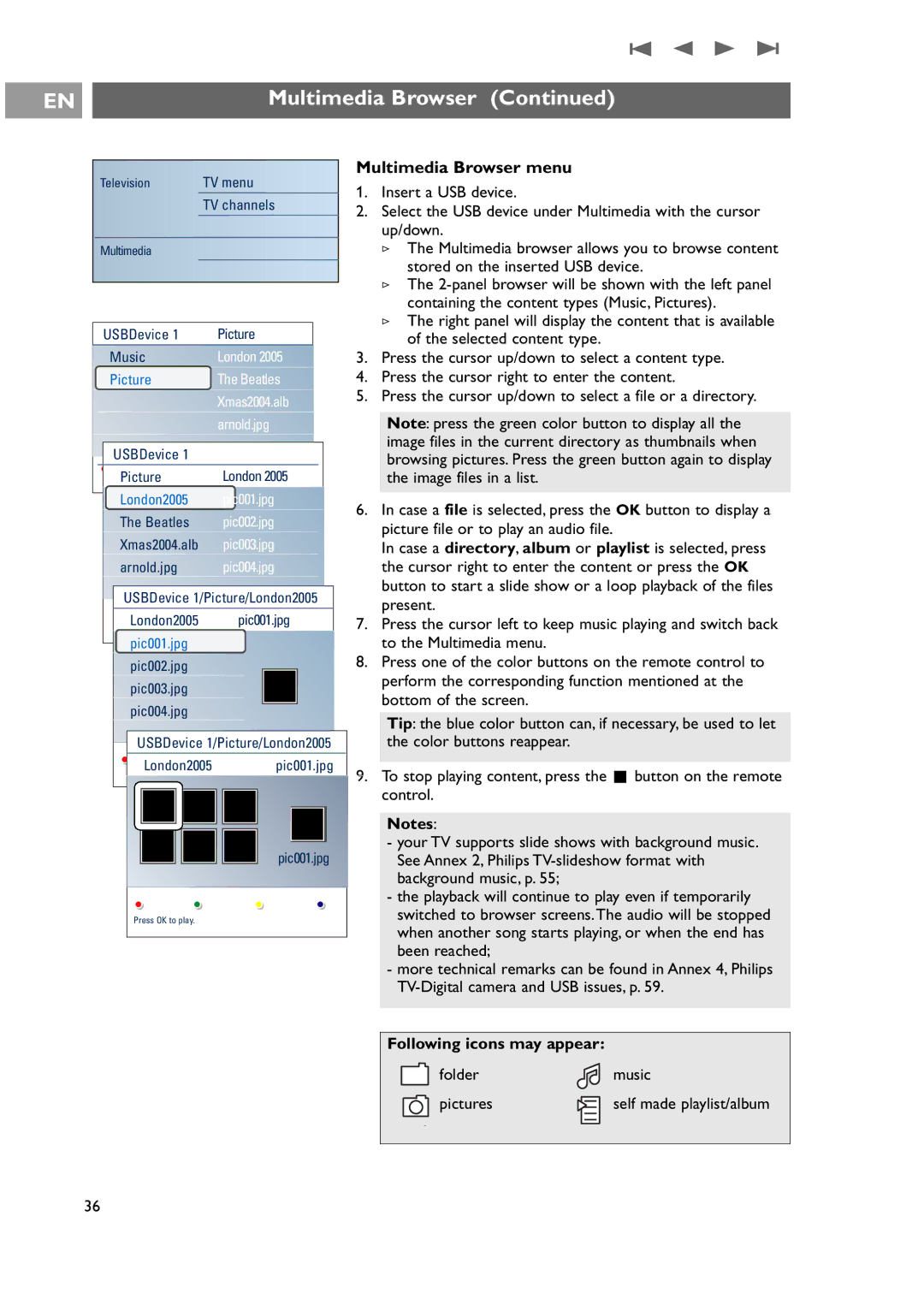 Philips 42-50-63PF9631D/37 warranty Multimedia Browser menu, Following icons may appear 