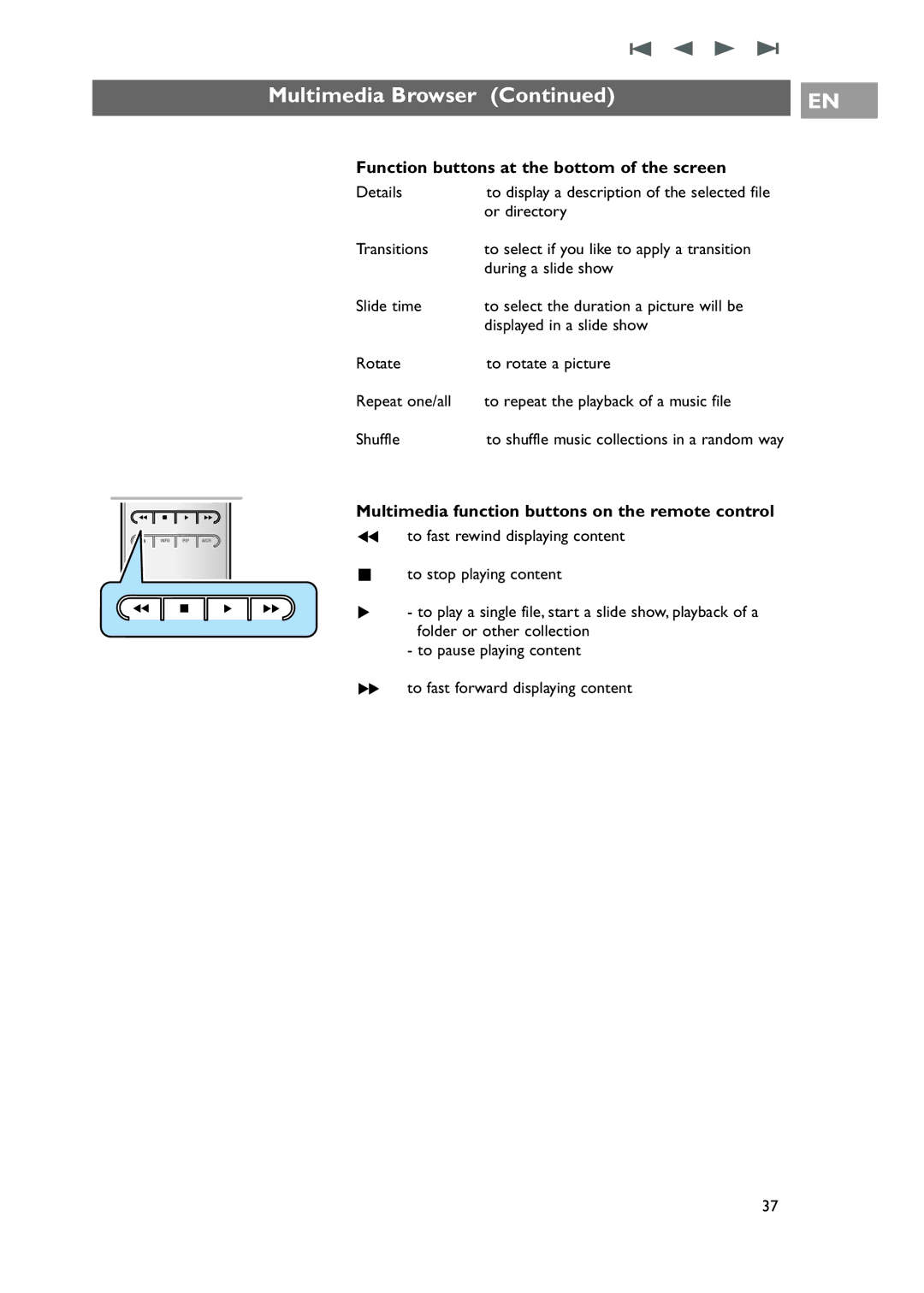 Philips 42-50-63PF9631D/37 Function buttons at the bottom of the screen, Multimedia function buttons on the remote control 