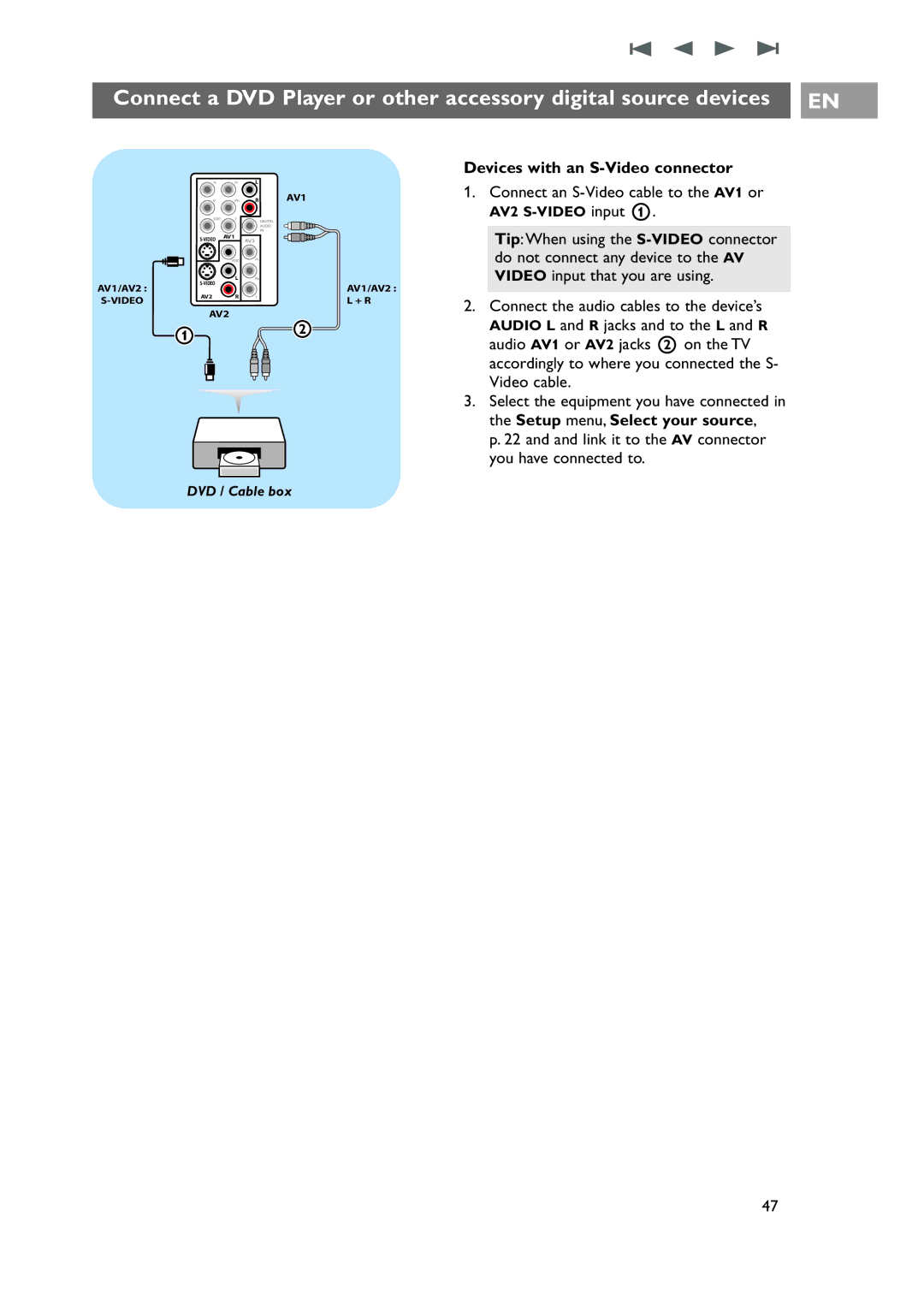 Philips 42-50-63PF9631D/37 warranty Devices with an S-Video connector, Connect an S-Video cable to the AV1 or 