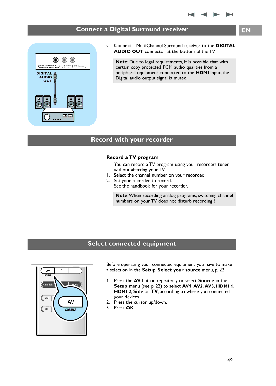 Philips 42-50-63PF9631D/37 Connect a Digital Surround receiver, Record with your recorder, Select connected equipment 