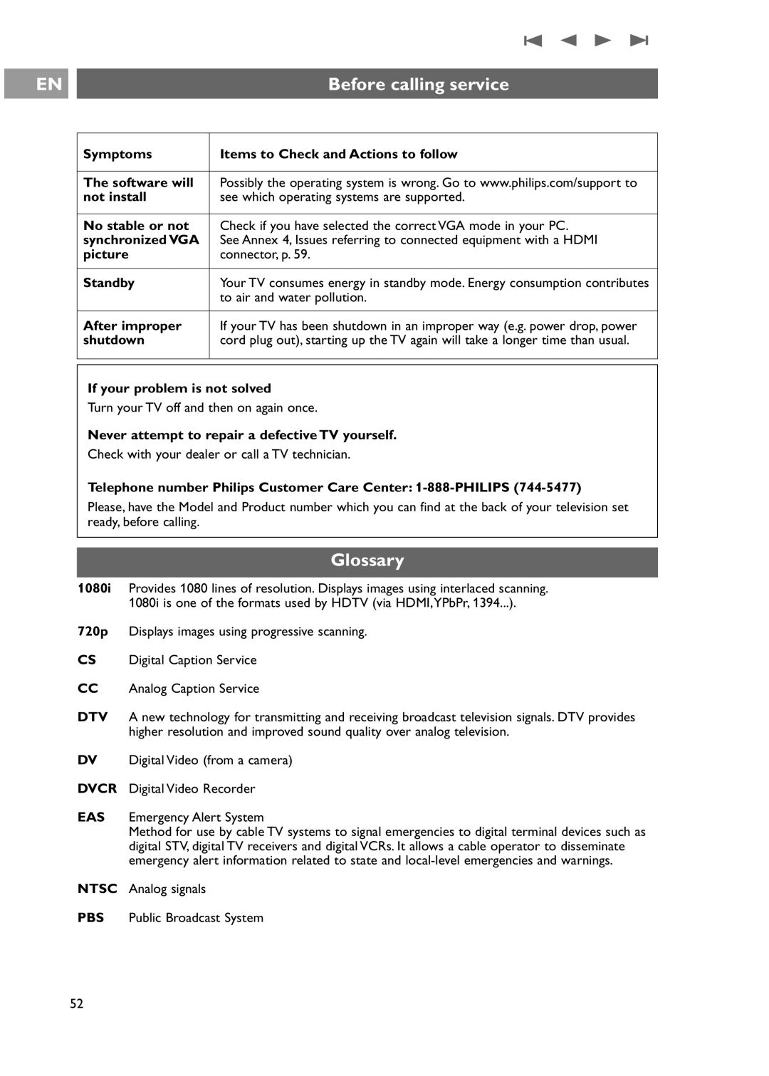 Philips 42-50-63PF9631D/37 warranty Glossary 