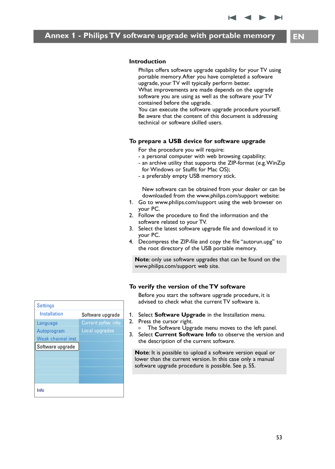 Philips 42-50-63PF9631D/37 warranty Annex 1 Philips TV software upgrade with portable memory 