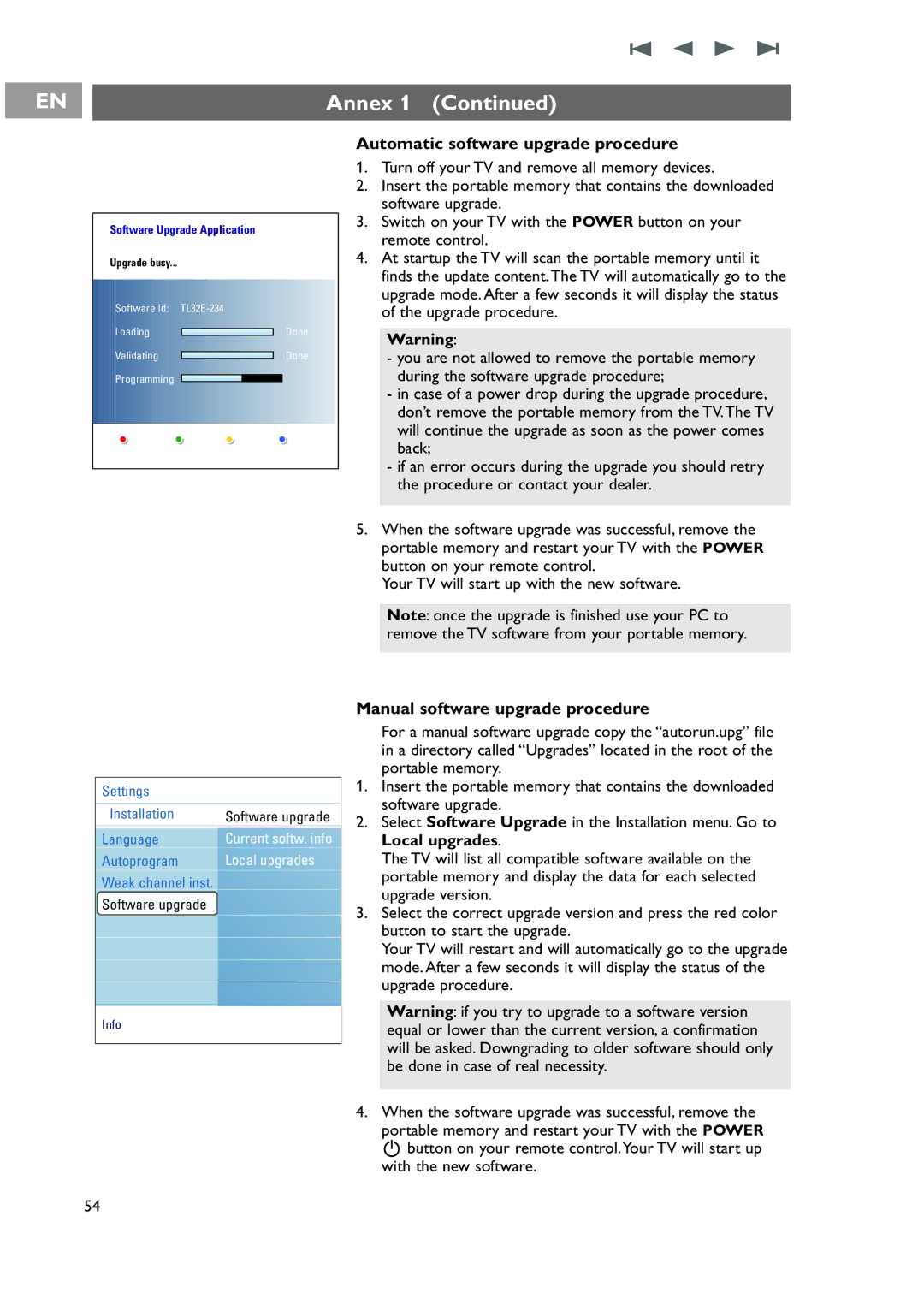 Philips 42-50-63PF9631D/37 Annex, Automatic software upgrade procedure, Manual software upgrade procedure, Local upgrades 