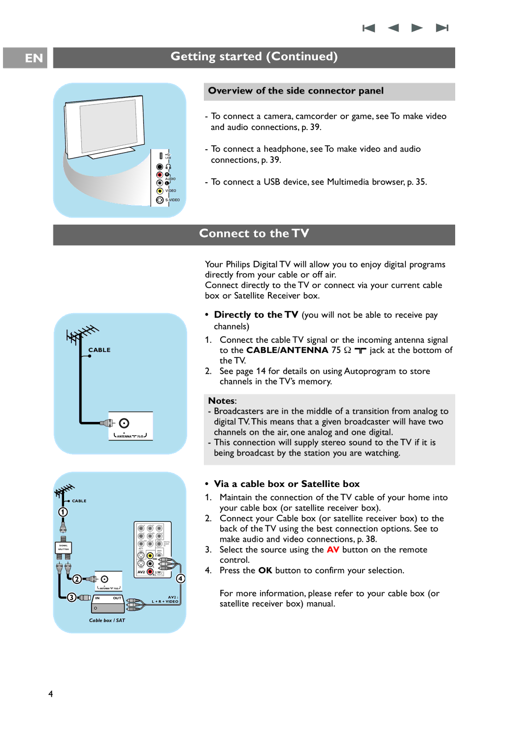 Philips 42-50-63PF9631D/37 Connect to the TV, Overview of the side connector panel, Via a cable box or Satellite box 