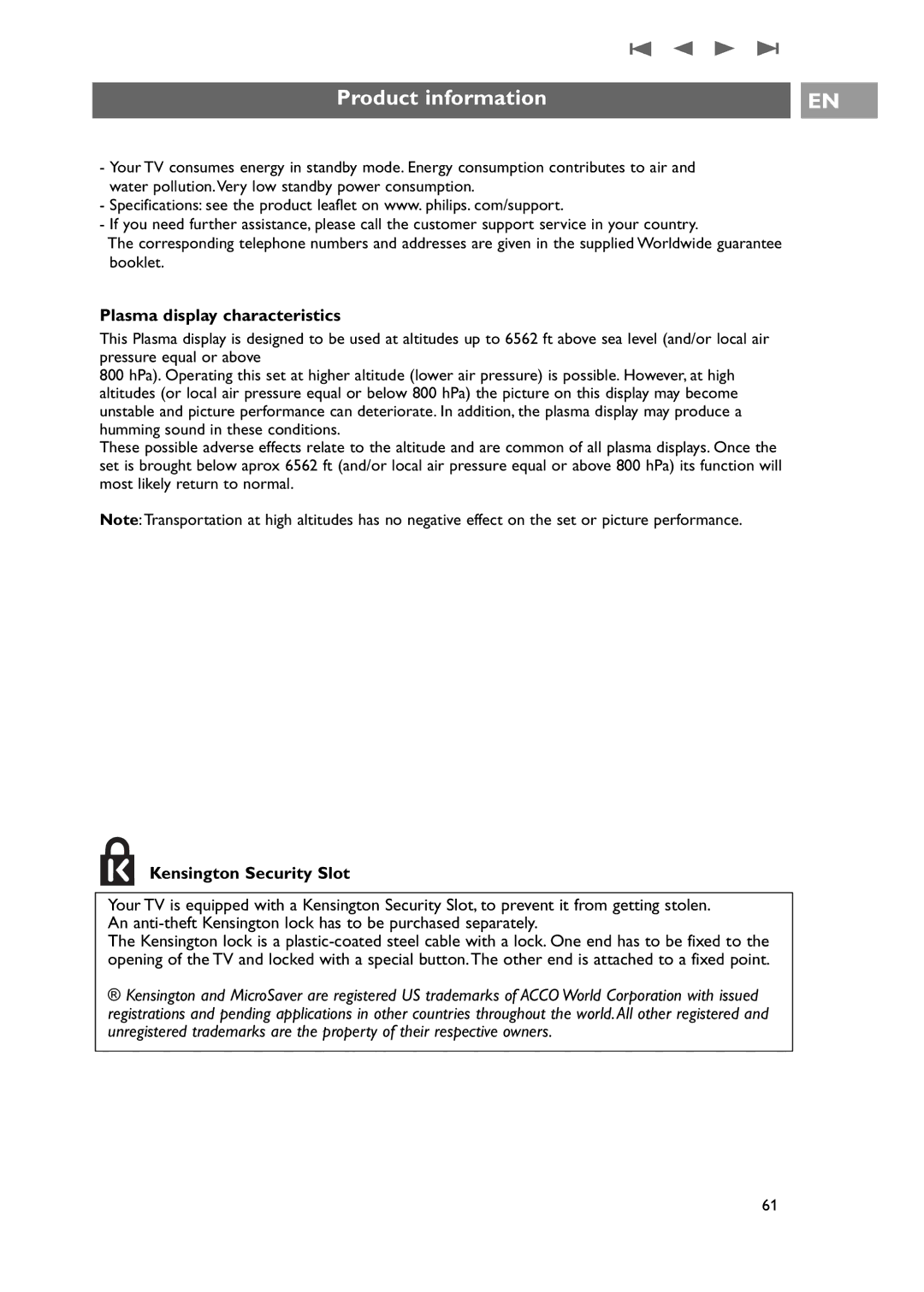 Philips 42-50-63PF9631D/37 warranty Product information, Plasma display characteristics, Kensington Security Slot 