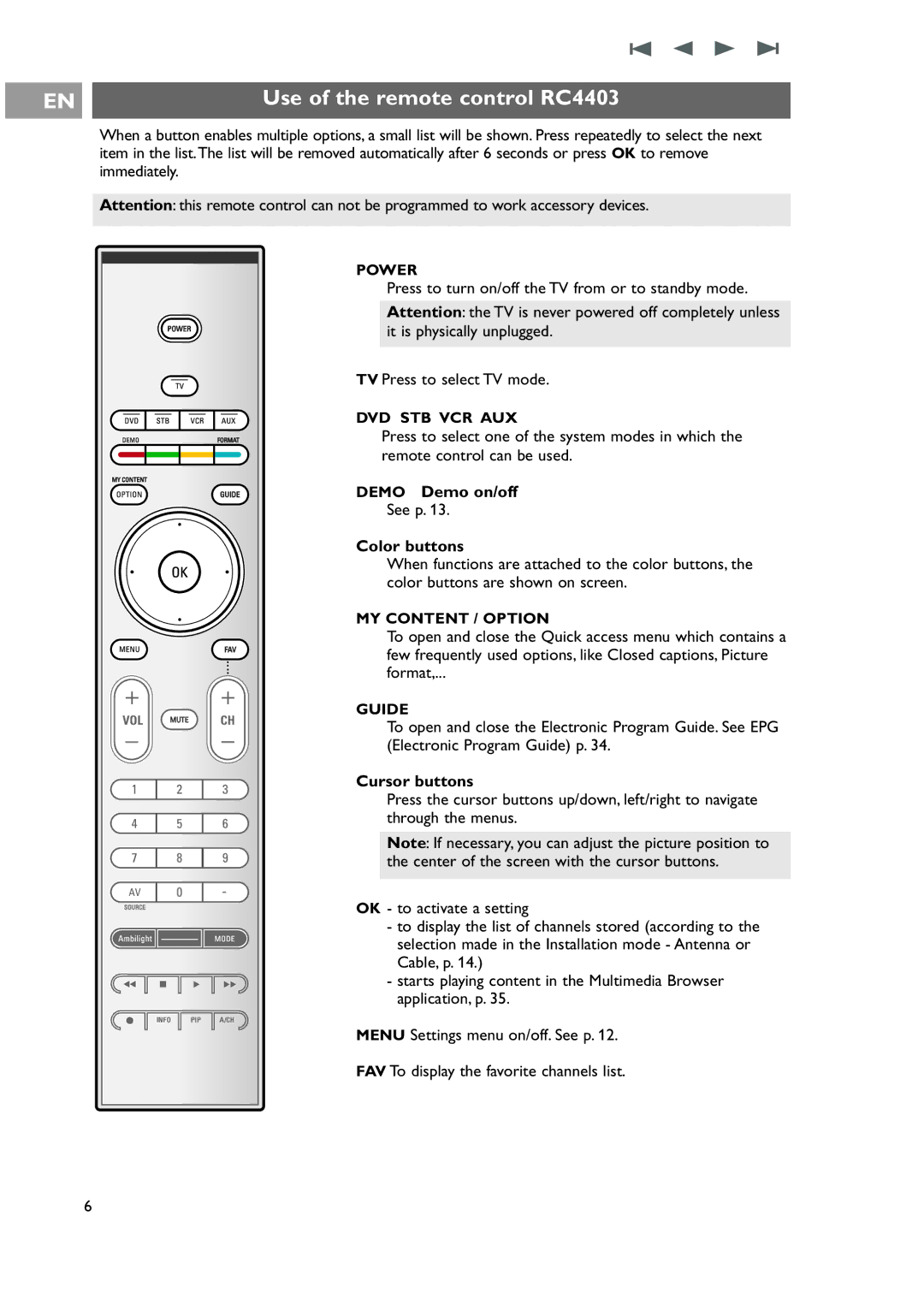 Philips 42-50-63PF9631D/37 Use of the remote control RC4403, Demo Demo on/off, See p, Color buttons, Cursor buttons 