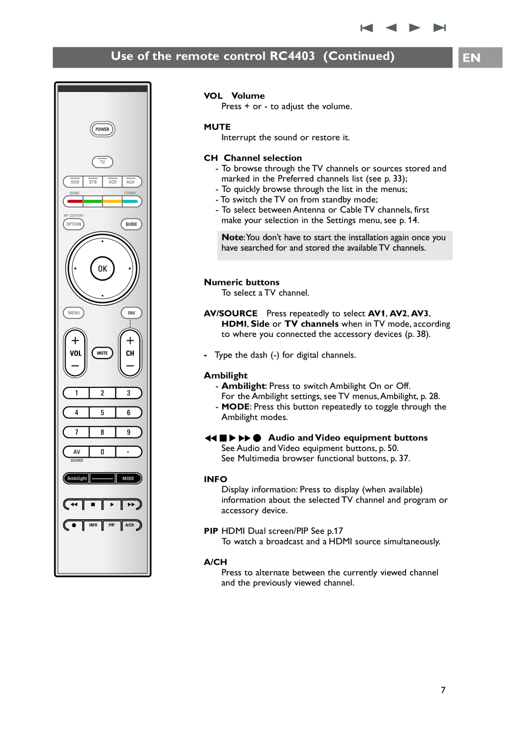 Philips 42-50-63PF9631D/37 warranty VOL Volume, CH Channel selection, Numeric buttons, Ambilight 