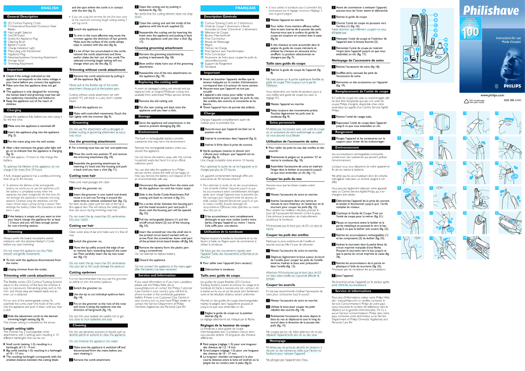 Philips 4203 000 51541 dimensions General Description, Charging, Trimming, Grooming, Cleaning, Replacing the cutting unit 