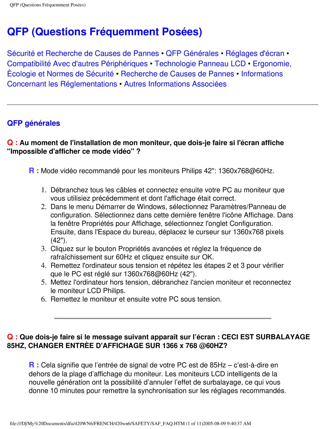 Philips 420WN6 manual QFP Questions Fréquemment Posées, QFP générales 