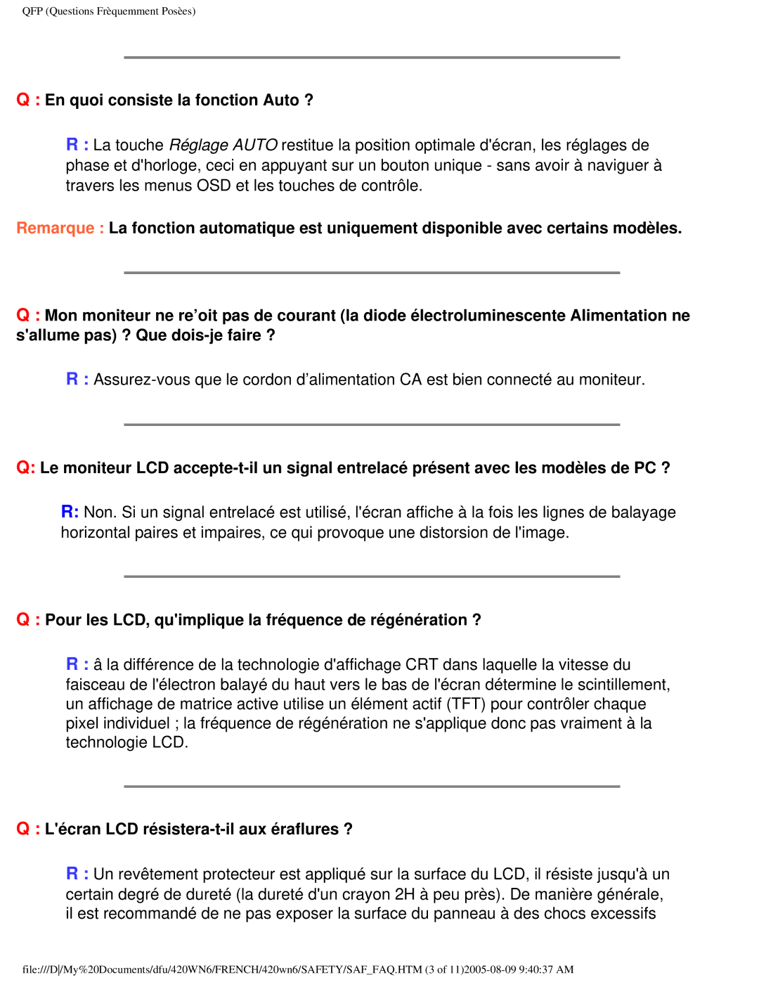 Philips 420WN6 manual En quoi consiste la fonction Auto ?, Pour les LCD, quimplique la fréquence de régénération ? 