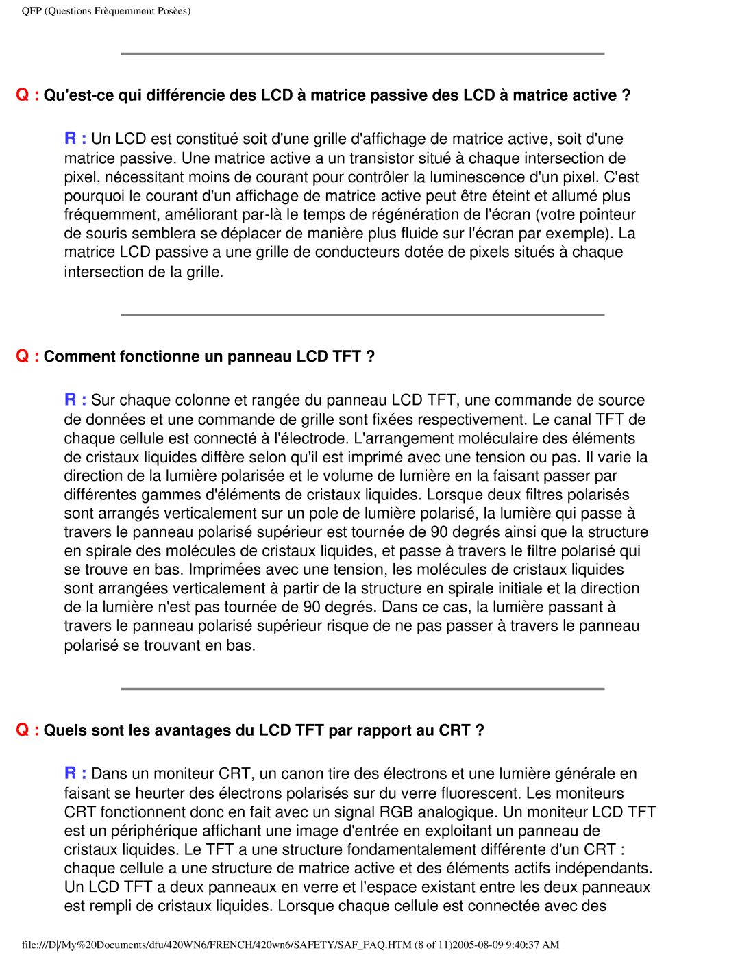 Philips 420WN6 manual Comment fonctionne un panneau LCD TFT ?, Quels sont les avantages du LCD TFT par rapport au CRT ? 