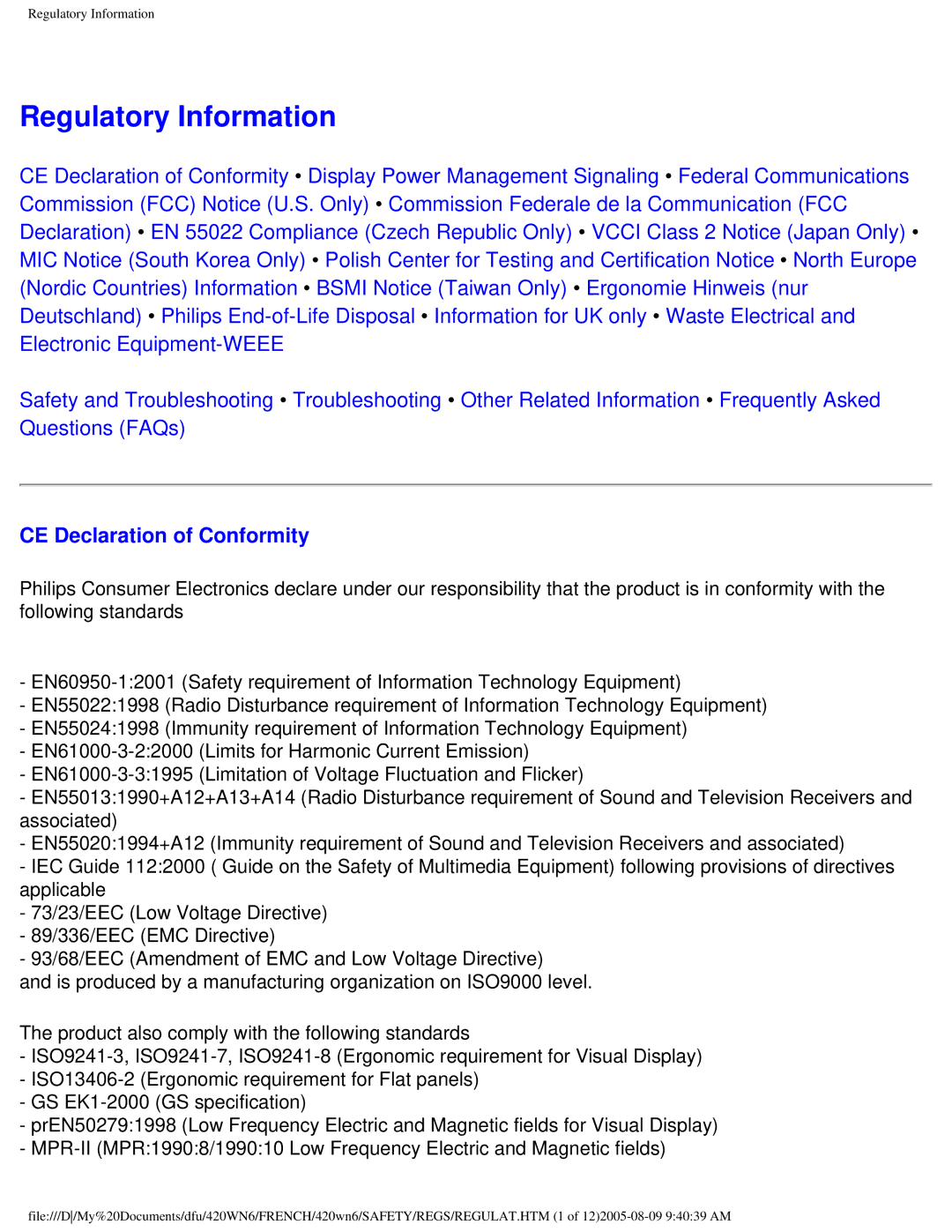 Philips 420WN6 manual Regulatory Information, CE Declaration of Conformity 