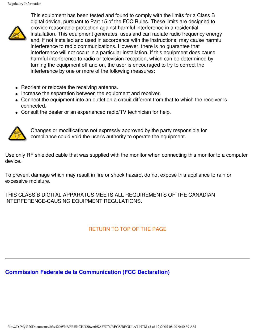 Philips 420WN6 manual Commission Federale de la Communication FCC Declaration 