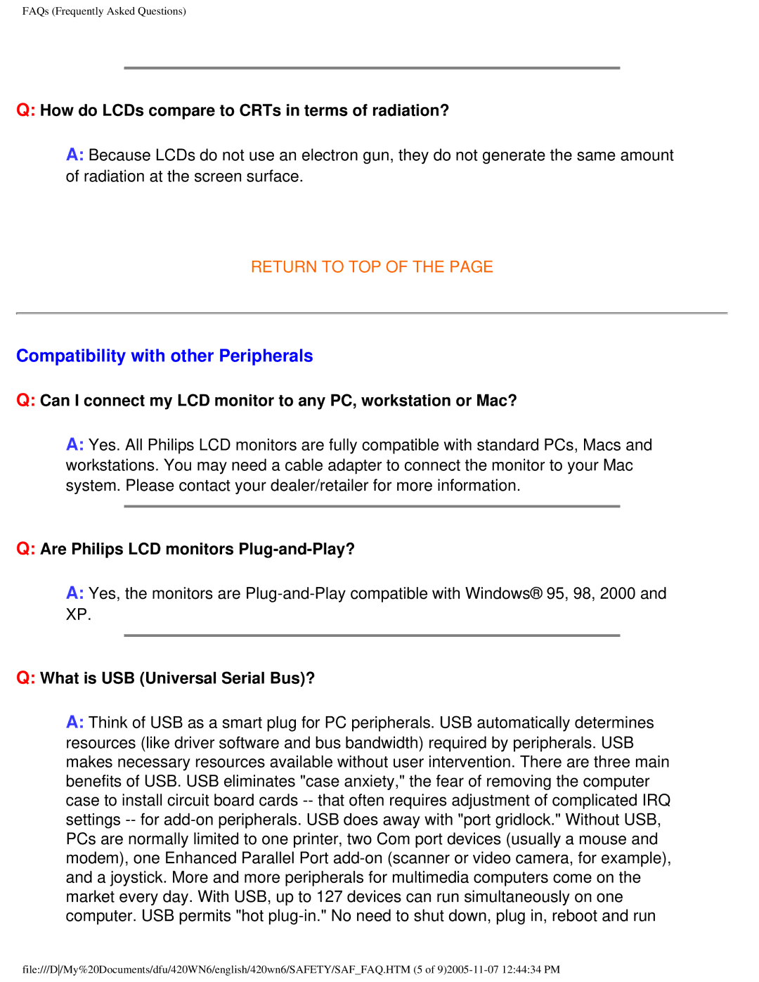 Philips 420WN6 manual Compatibility with other Peripherals, How do LCDs compare to CRTs in terms of radiation? 