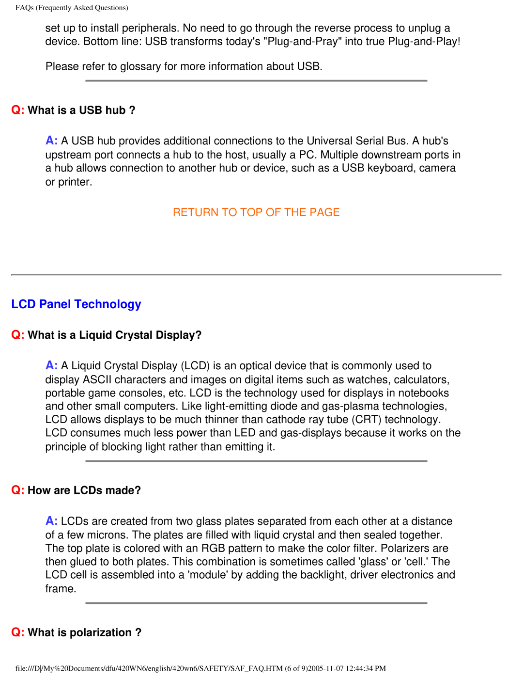 Philips 420WN6 manual LCD Panel Technology, What is a USB hub ?, What is a Liquid Crystal Display?, How are LCDs made? 