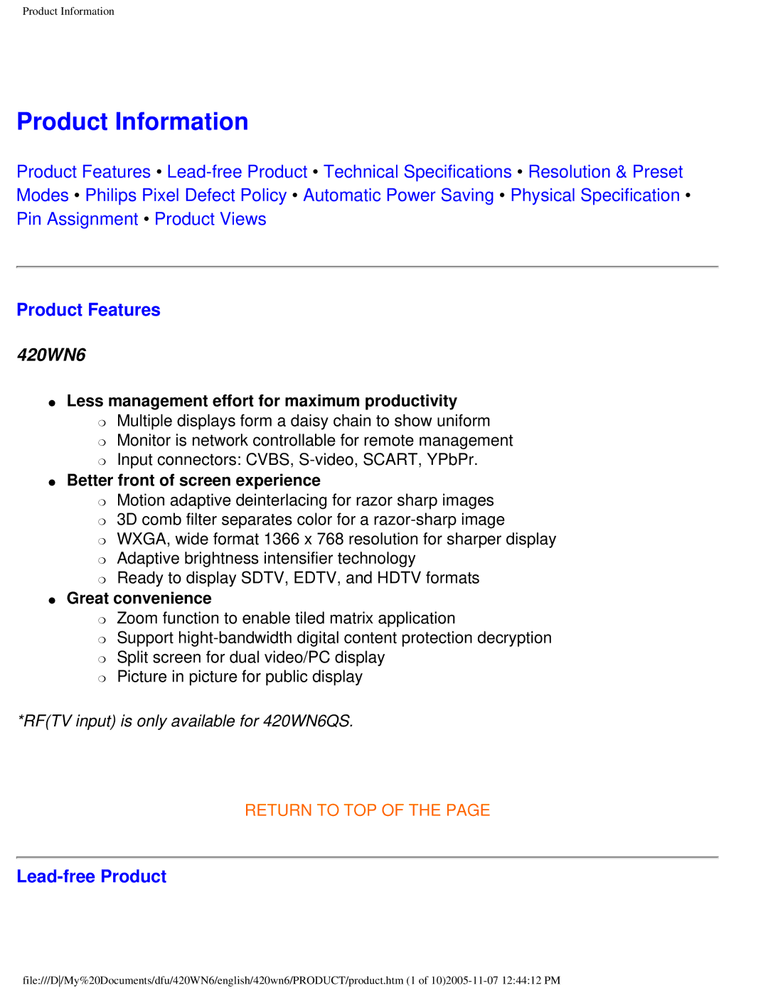 Philips 420WN6 manual Product Information, Product Features, Lead-free Product 