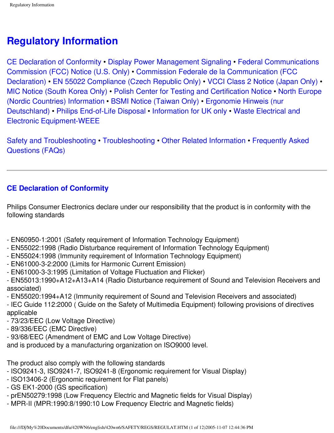 Philips 420WN6 manual Regulatory Information 