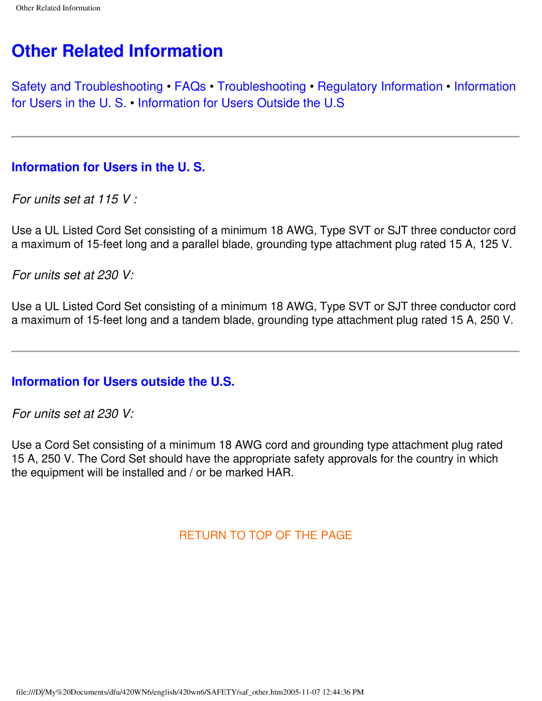 Philips 420WN6 manual Other Related Information, Information for Users in the U. S, Information for Users outside the U.S 