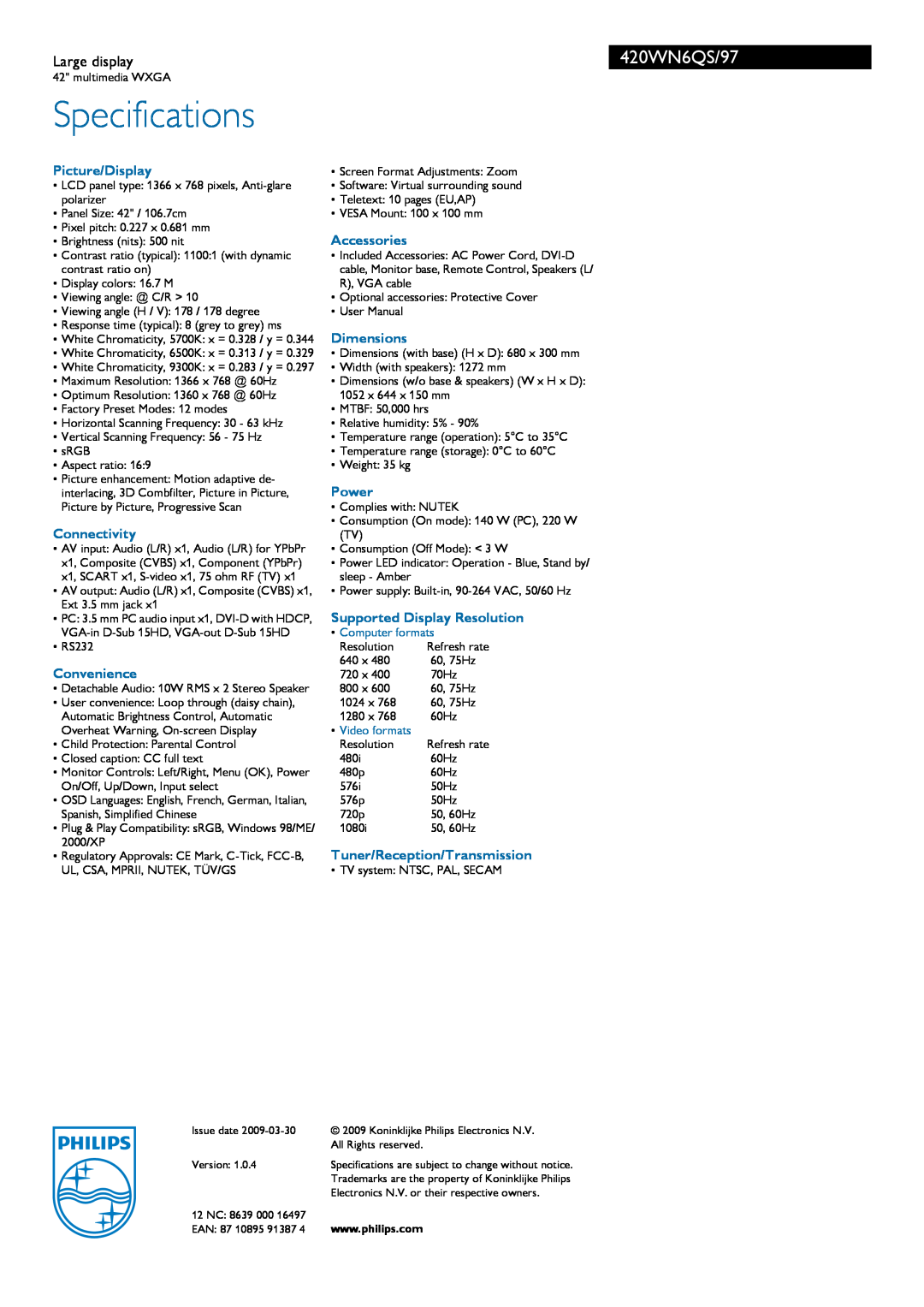 Philips manual Specifications, 420WN6QS/97, Large display, Computer formats, Video formats 