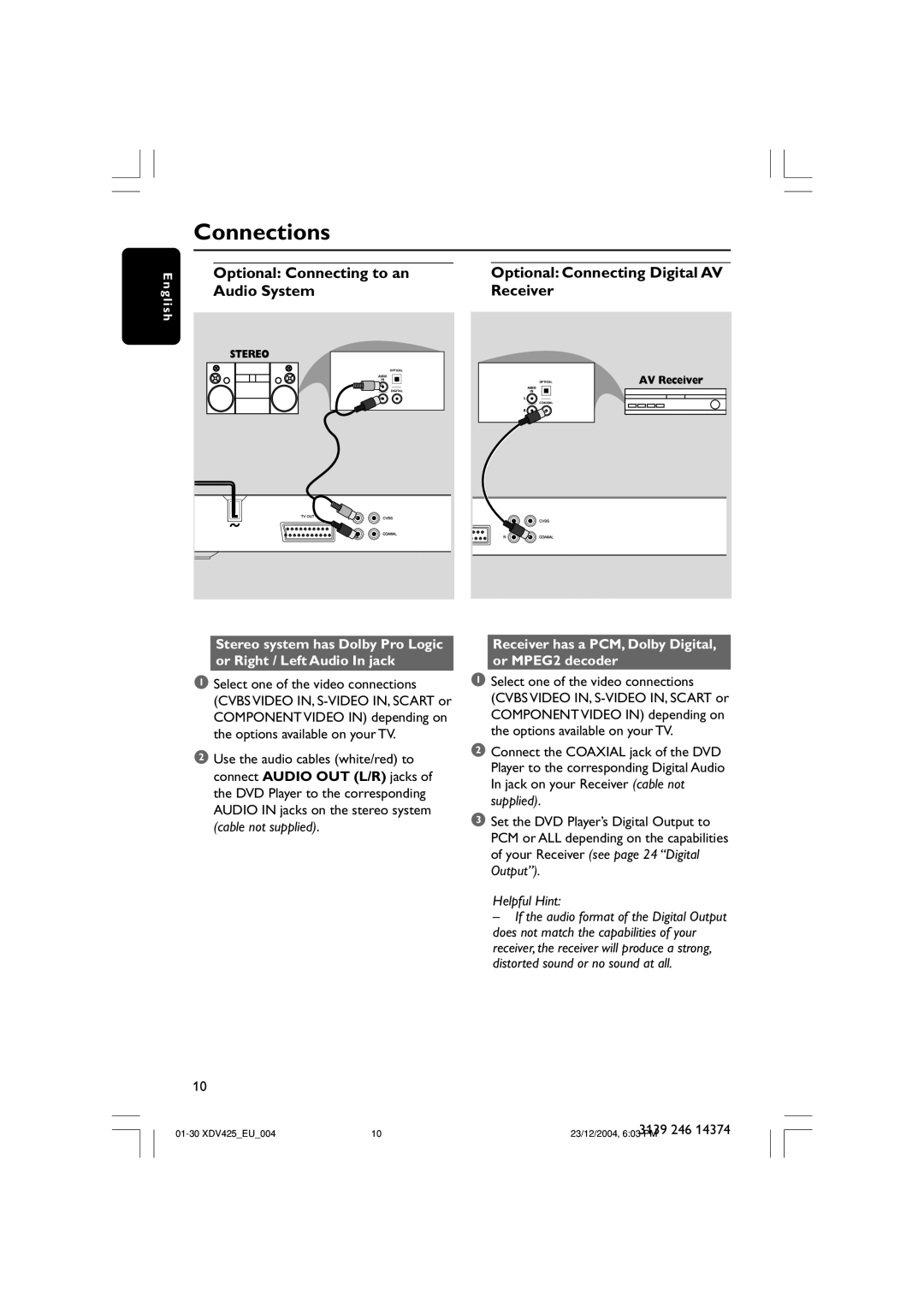 Philips 425 user manual Optional Connecting to an Audio System, Optional Connecting Digital AV Receiver 